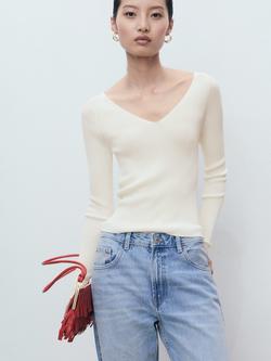 Mango Seseta V-Neck Jumper, Light Beige, Light Beige