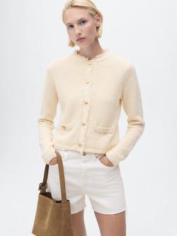 Mango Koko Cropped Textured Knit Jacket, Light Beige, Light Beige