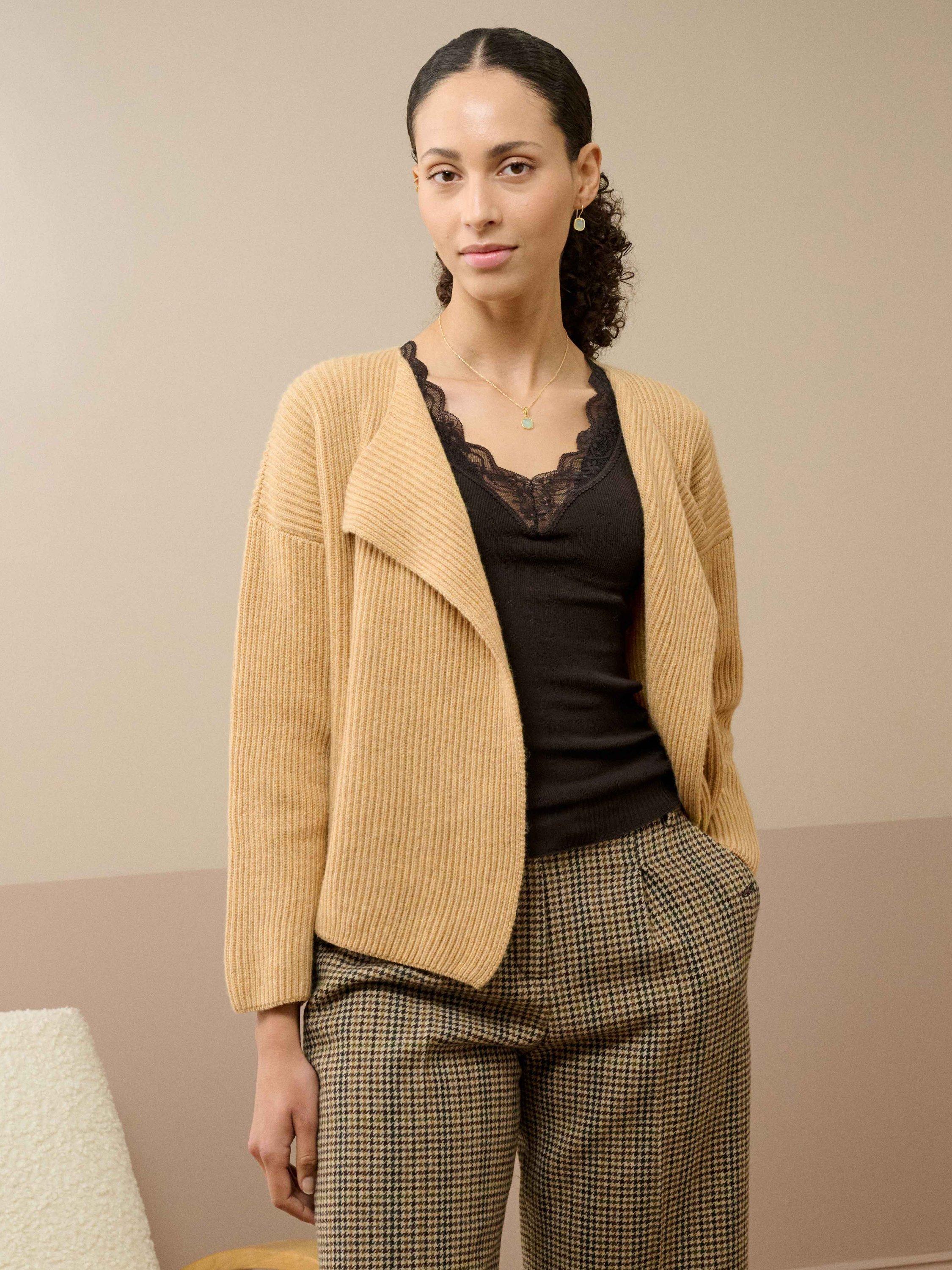 Product image 1 of 4, which shows Brora Cashmere Waterfall Neck Cardigan, Catkin, 8-10