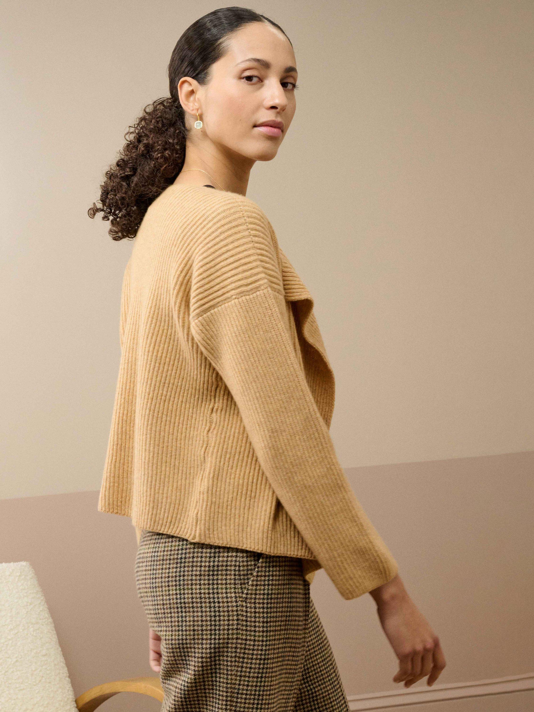 Product image 3 of 4, which shows Brora Cashmere Waterfall Neck Cardigan, Catkin, 8-10