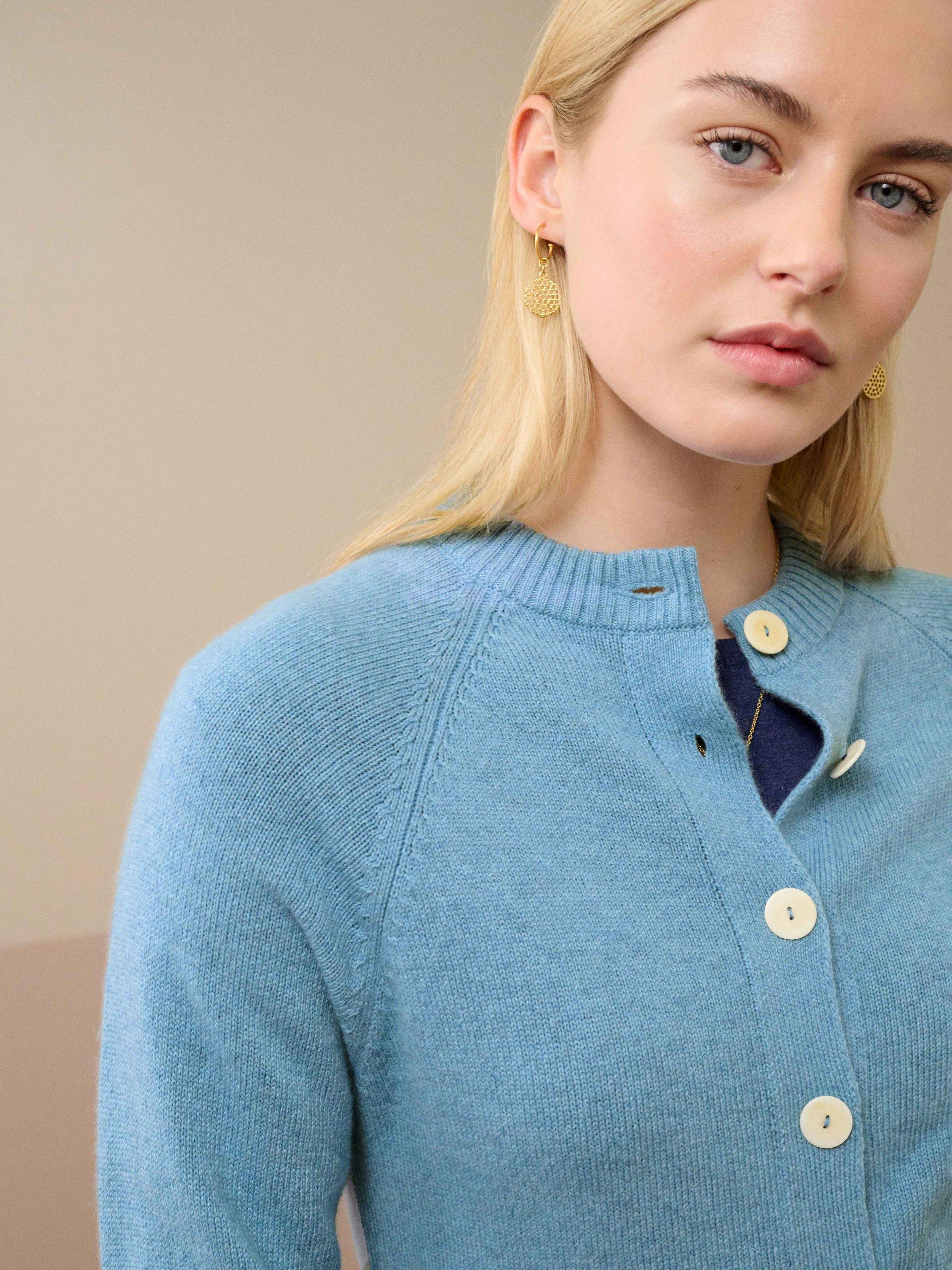 Product image 3 of 4, which shows Brora Cashmere Ribbed Trim Cardigan, Light Blue, 8
