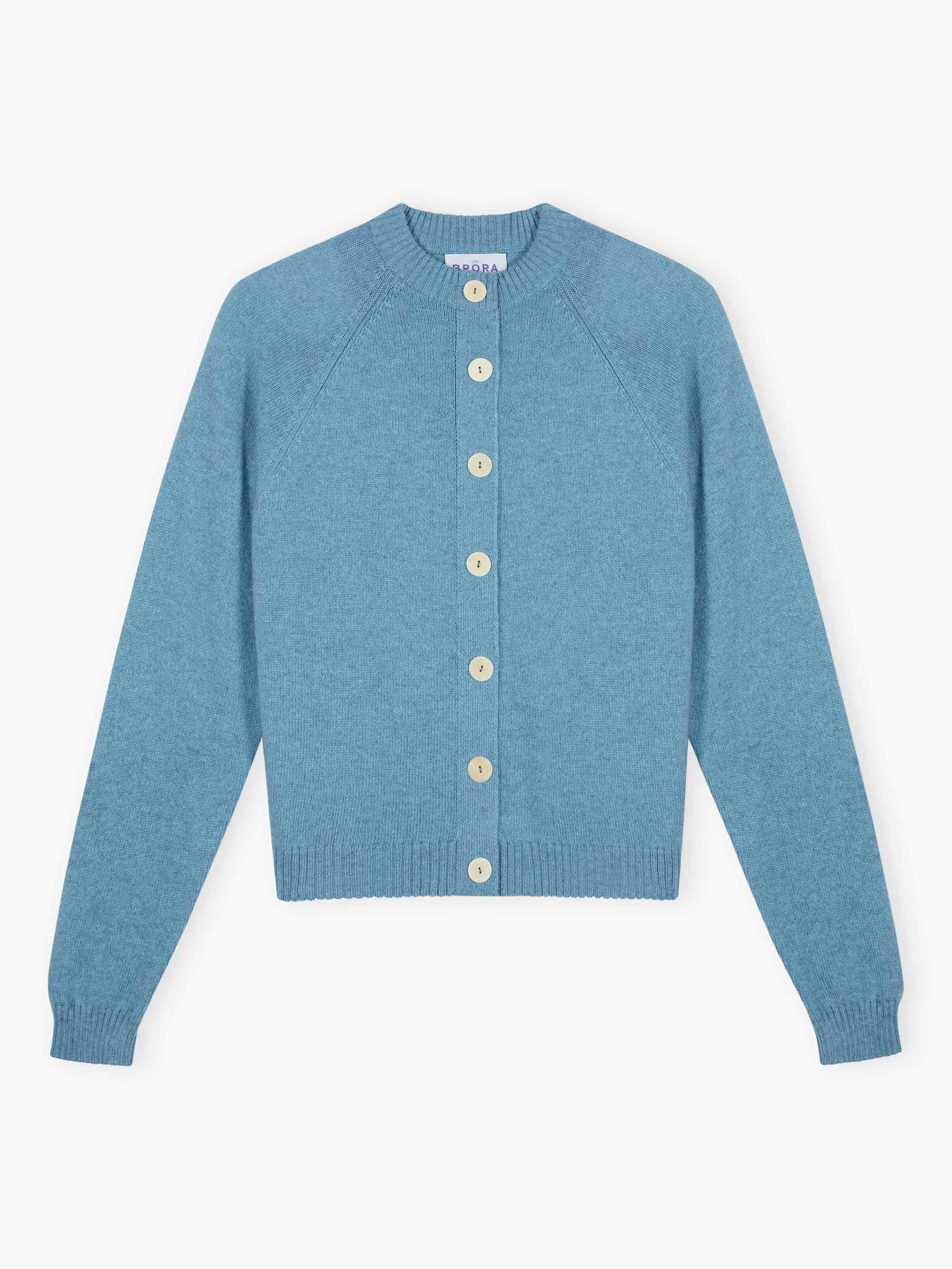 Product image 4 of 4, which shows Brora Cashmere Ribbed Trim Cardigan, Light Blue, 8