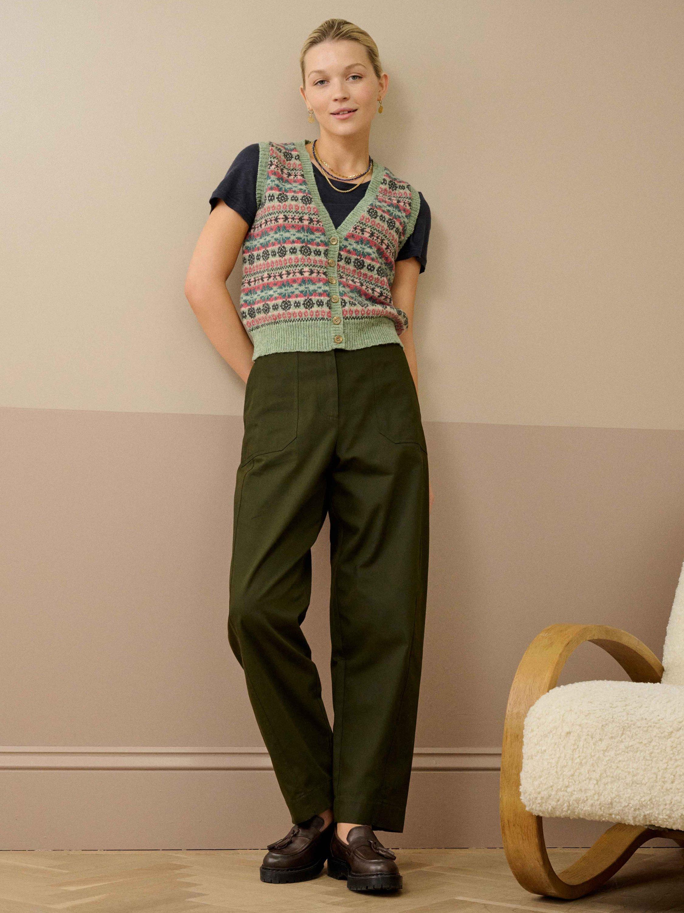 Product image 1 of 5, which shows Brora Fair Isle Pure Wool Sleeveless Cardigan, Green/Multi, 10