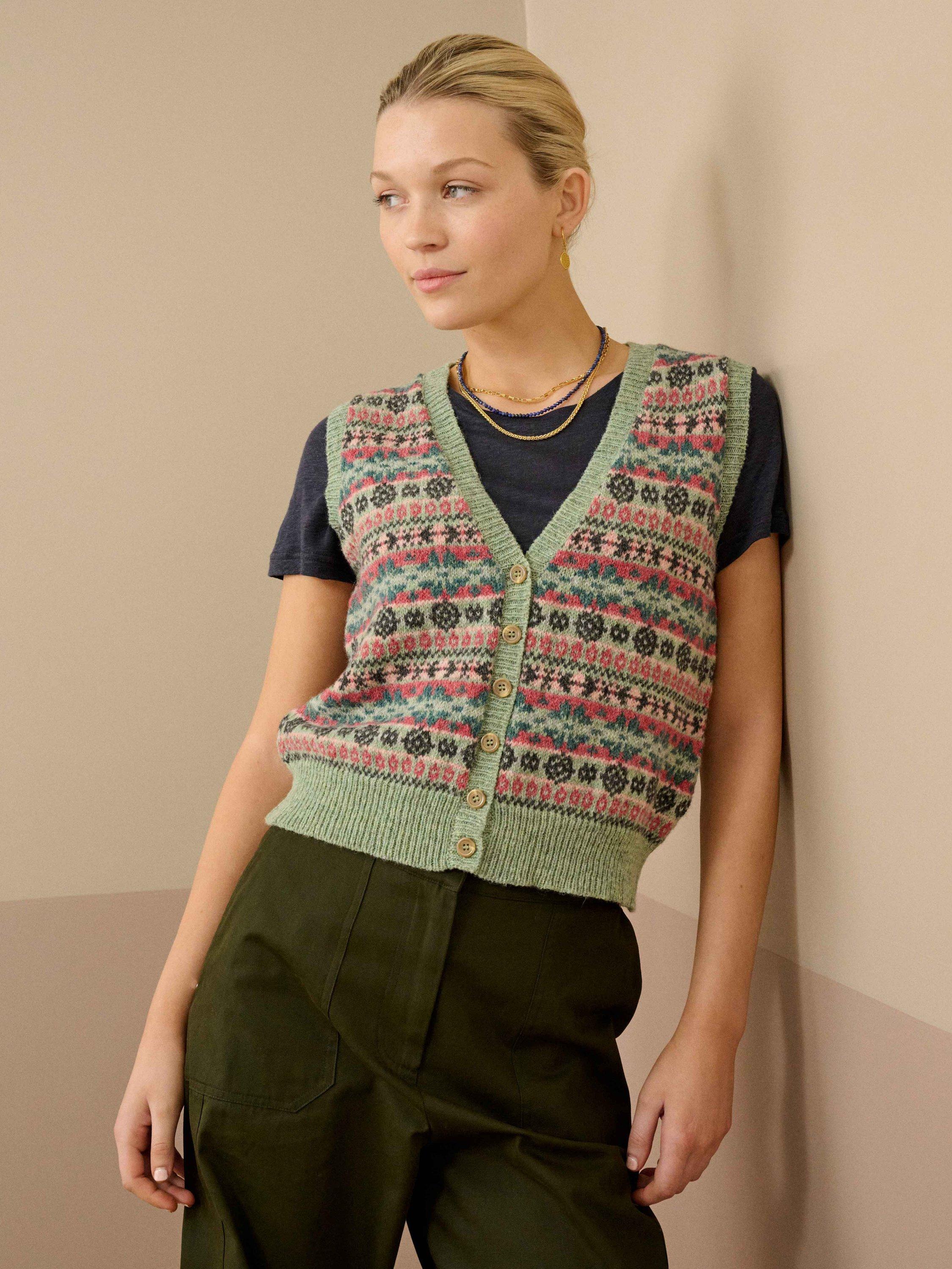 Product image 2 of 5, which shows Brora Fair Isle Pure Wool Sleeveless Cardigan, Green/Multi, 10