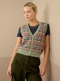 Brora Fair Isle Pure Wool Sleeveless Cardigan - view 2, Green/Multi