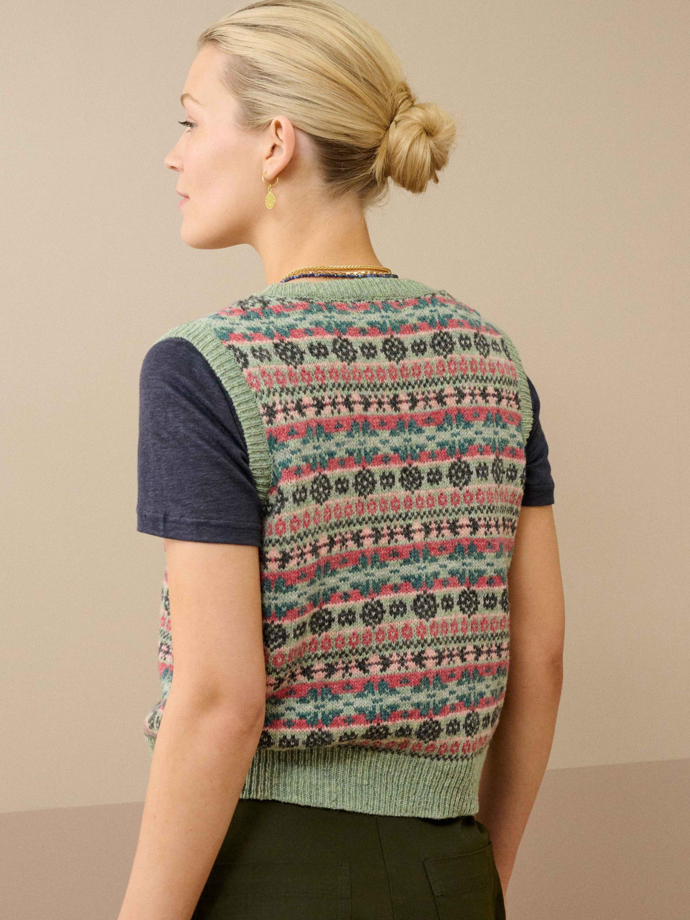 Product image 3 of 5, which shows Brora Fair Isle Pure Wool Sleeveless Cardigan, Green/Multi, 10