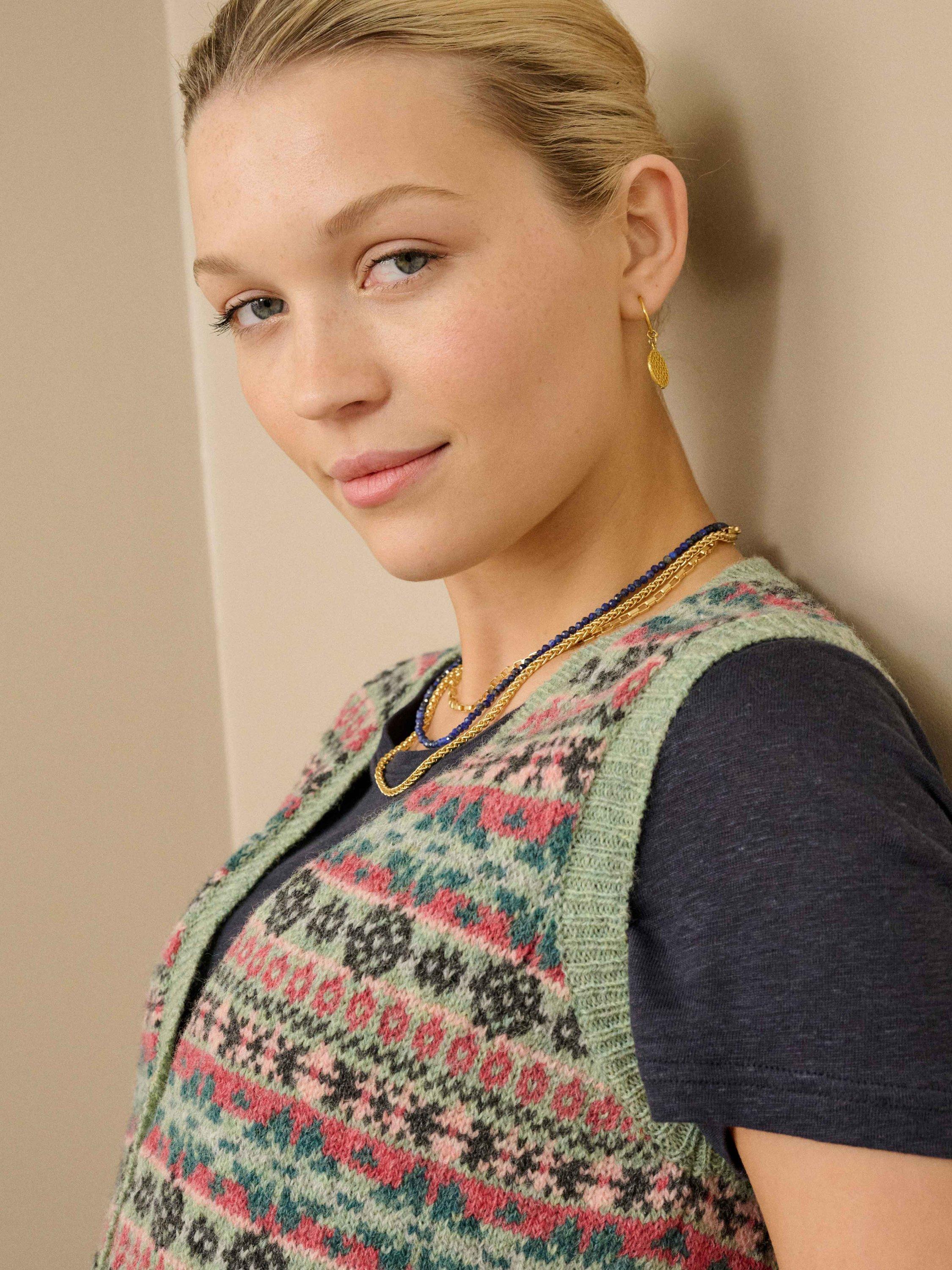 Product image 4 of 5, which shows Brora Fair Isle Pure Wool Sleeveless Cardigan, Green/Multi, 10