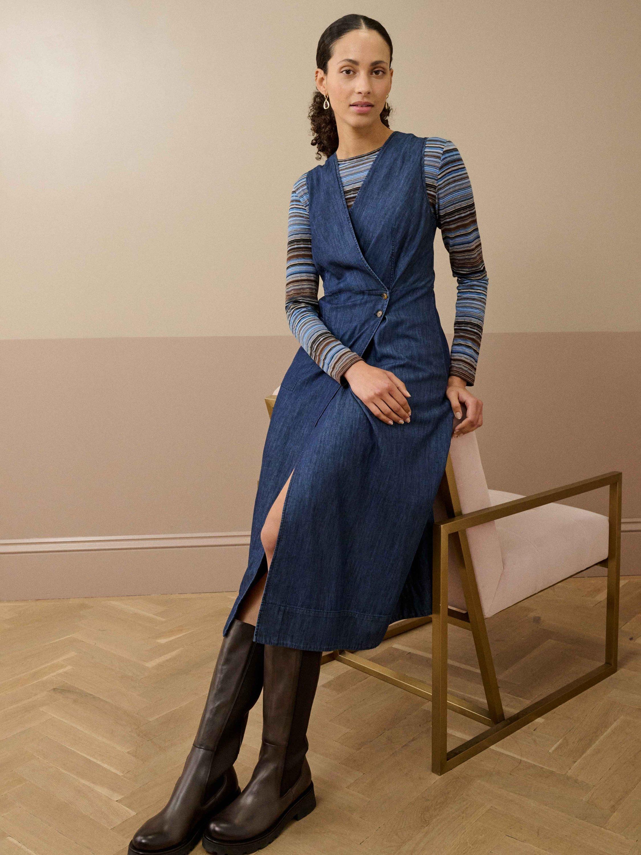 Product image 1 of 5, which shows Brora Denim Wrap Pinafore Dress, Indigo, 8