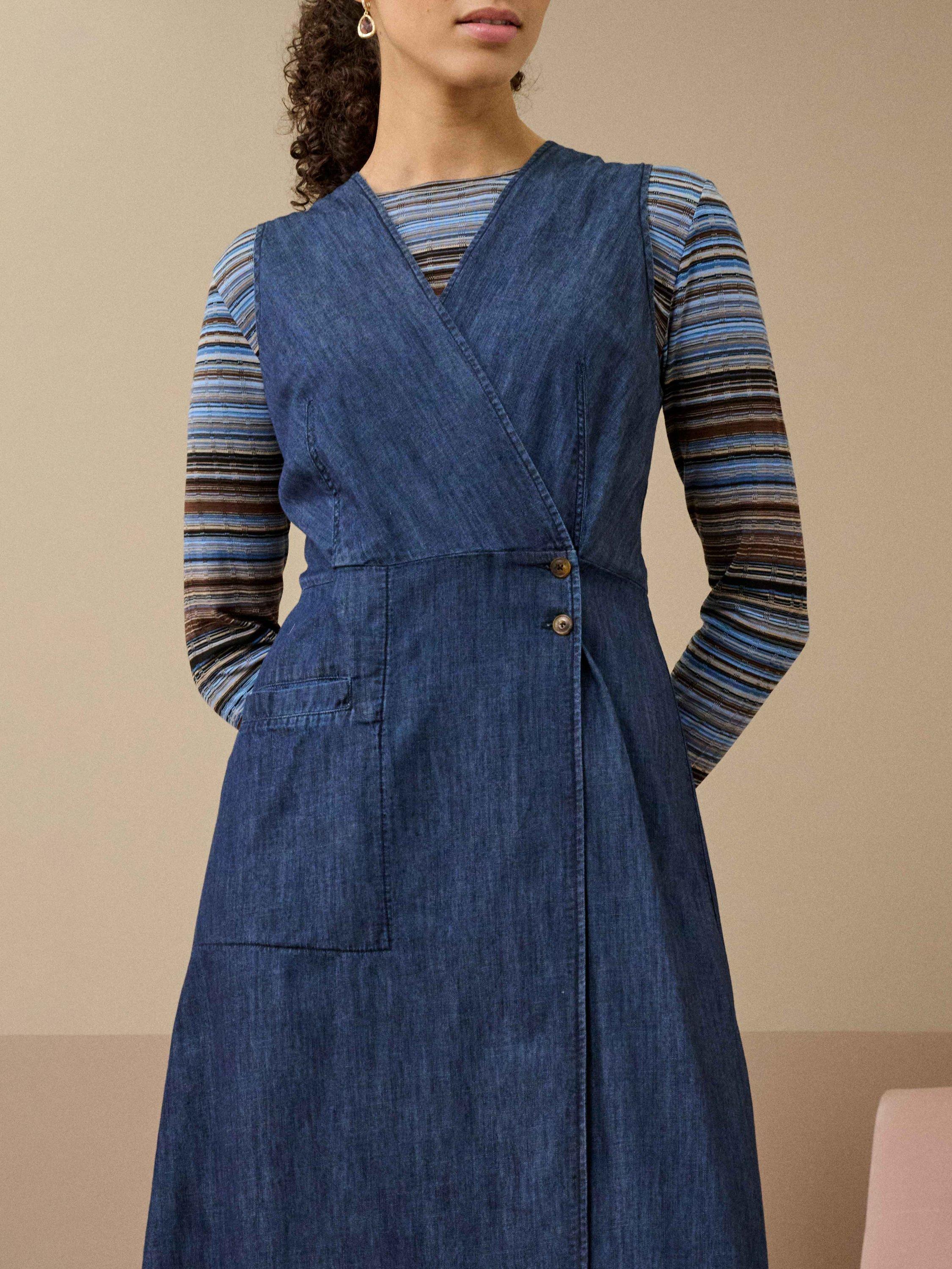 Product image 3 of 5, which shows Brora Denim Wrap Pinafore Dress, Indigo, 8