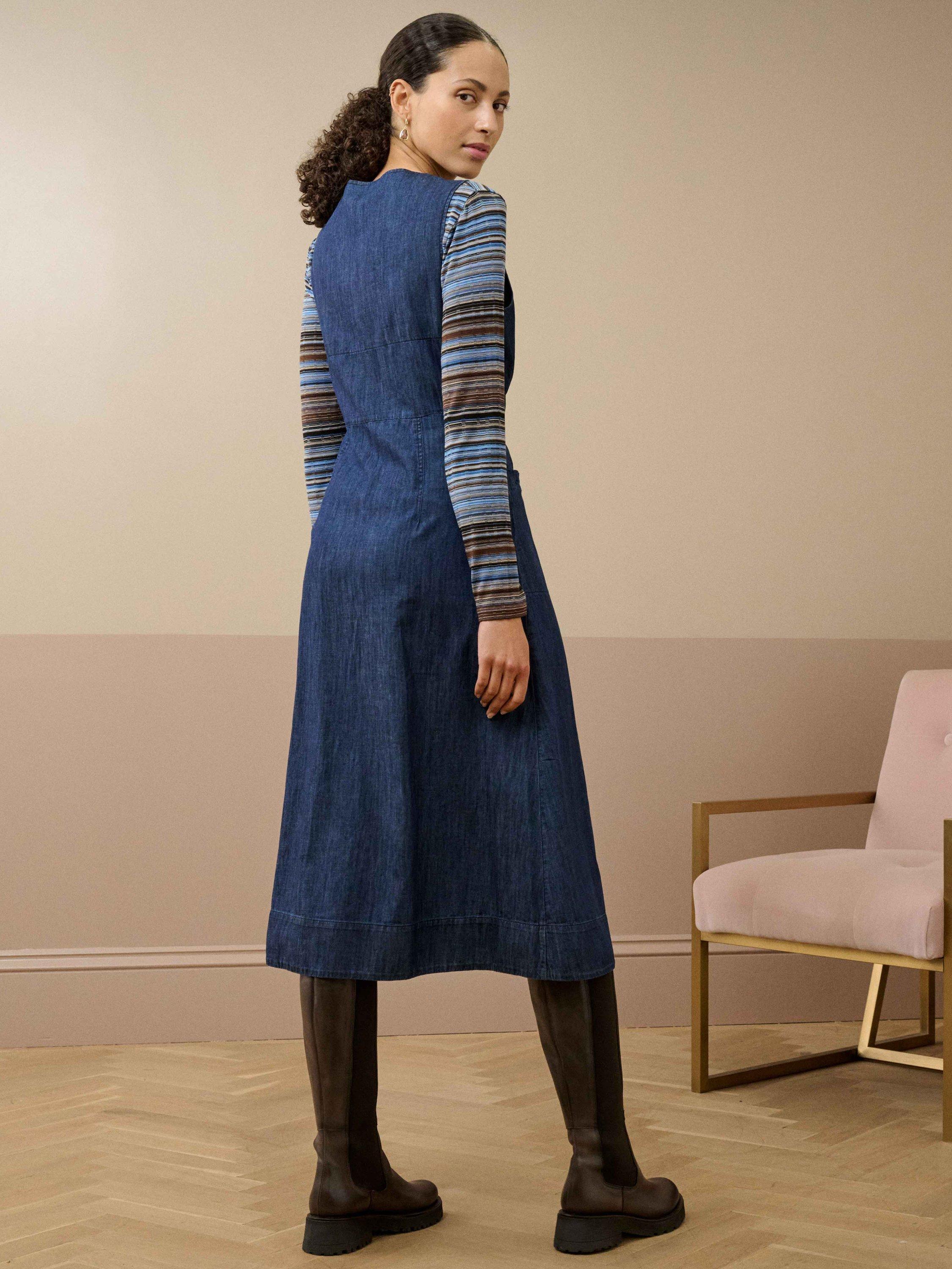 Product image 4 of 5, which shows Brora Denim Wrap Pinafore Dress, Indigo, 8