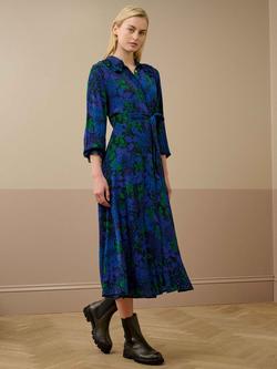 Brora Leaf Print Frill Collar Dress, Jay/Emerald, Jay/Emerald