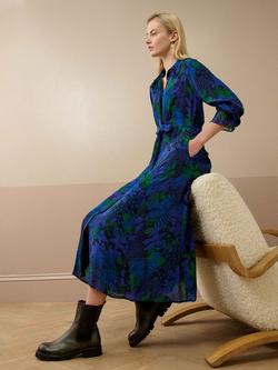 Brora Leaf Print Frill Collar Dress, Jay/Emerald - view 2, Jay/Emerald