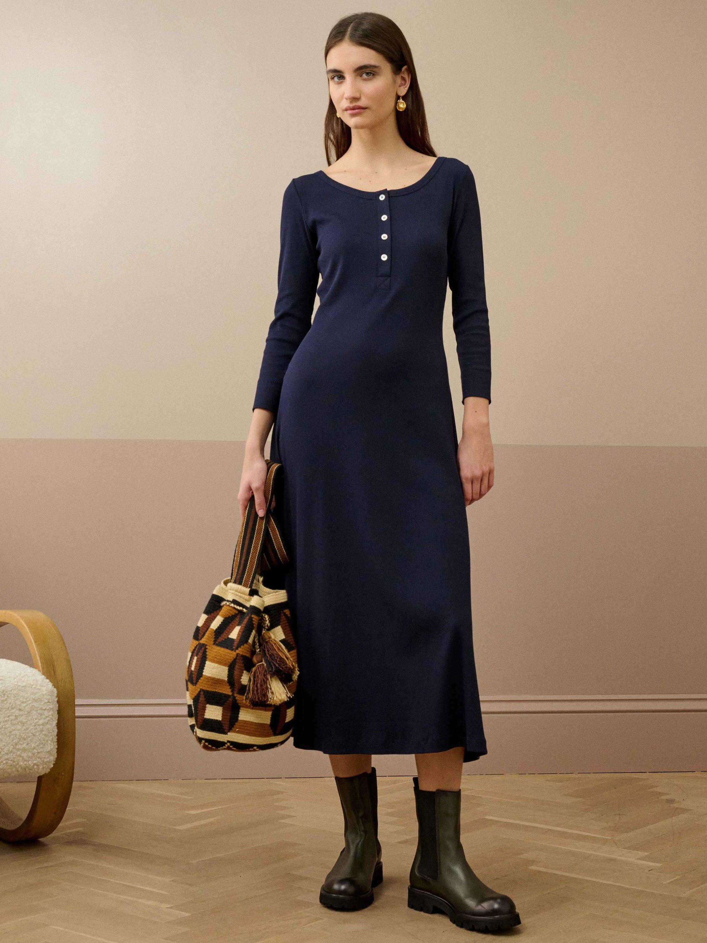 Product image 1 of 5, which shows Brora Ribbed Jersey Midi Dress, Ink, 6