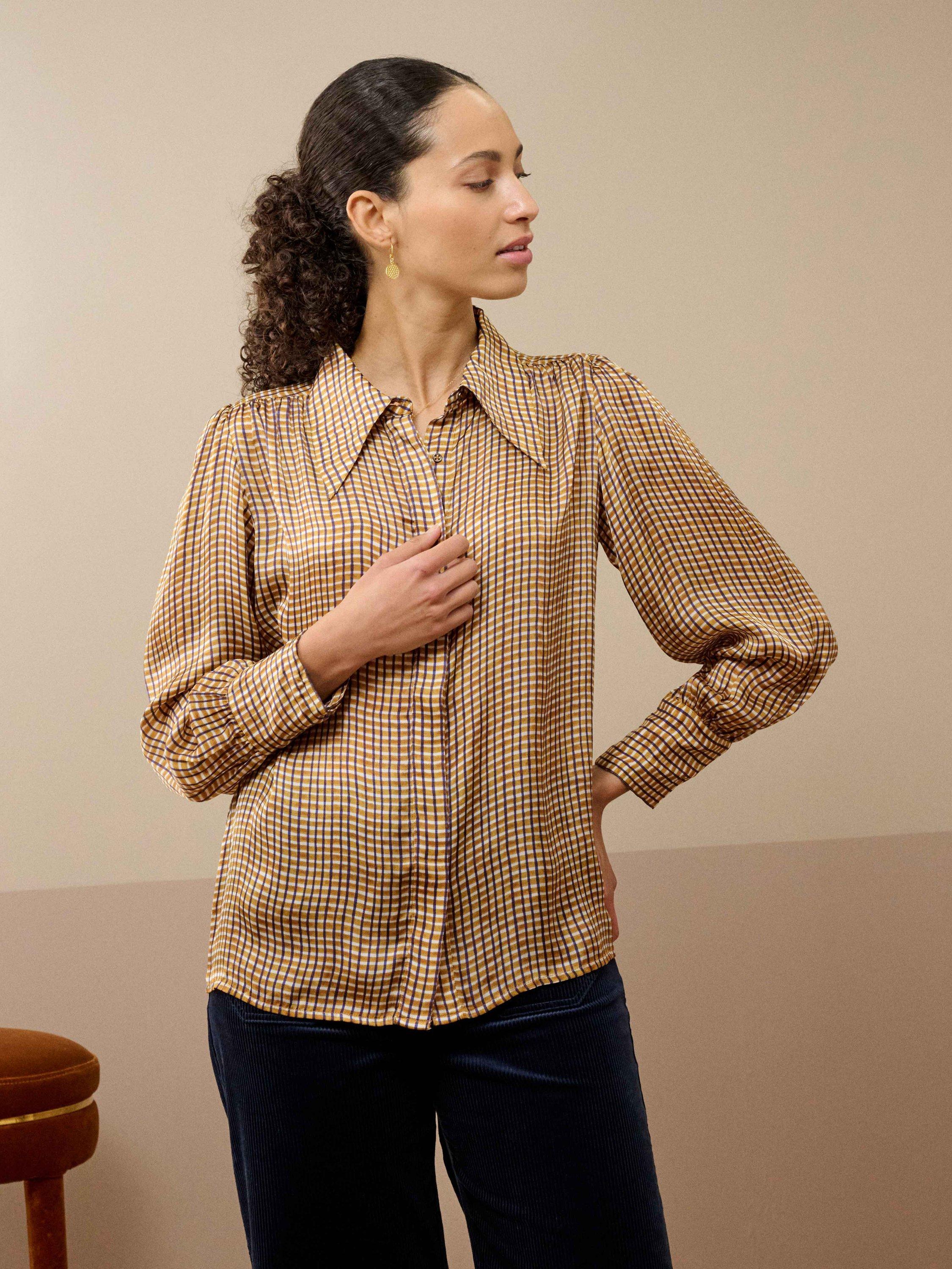 Product image 1 of 4, which shows Brora Cupro Satin Abstract Check Shirt, Ochre, 6