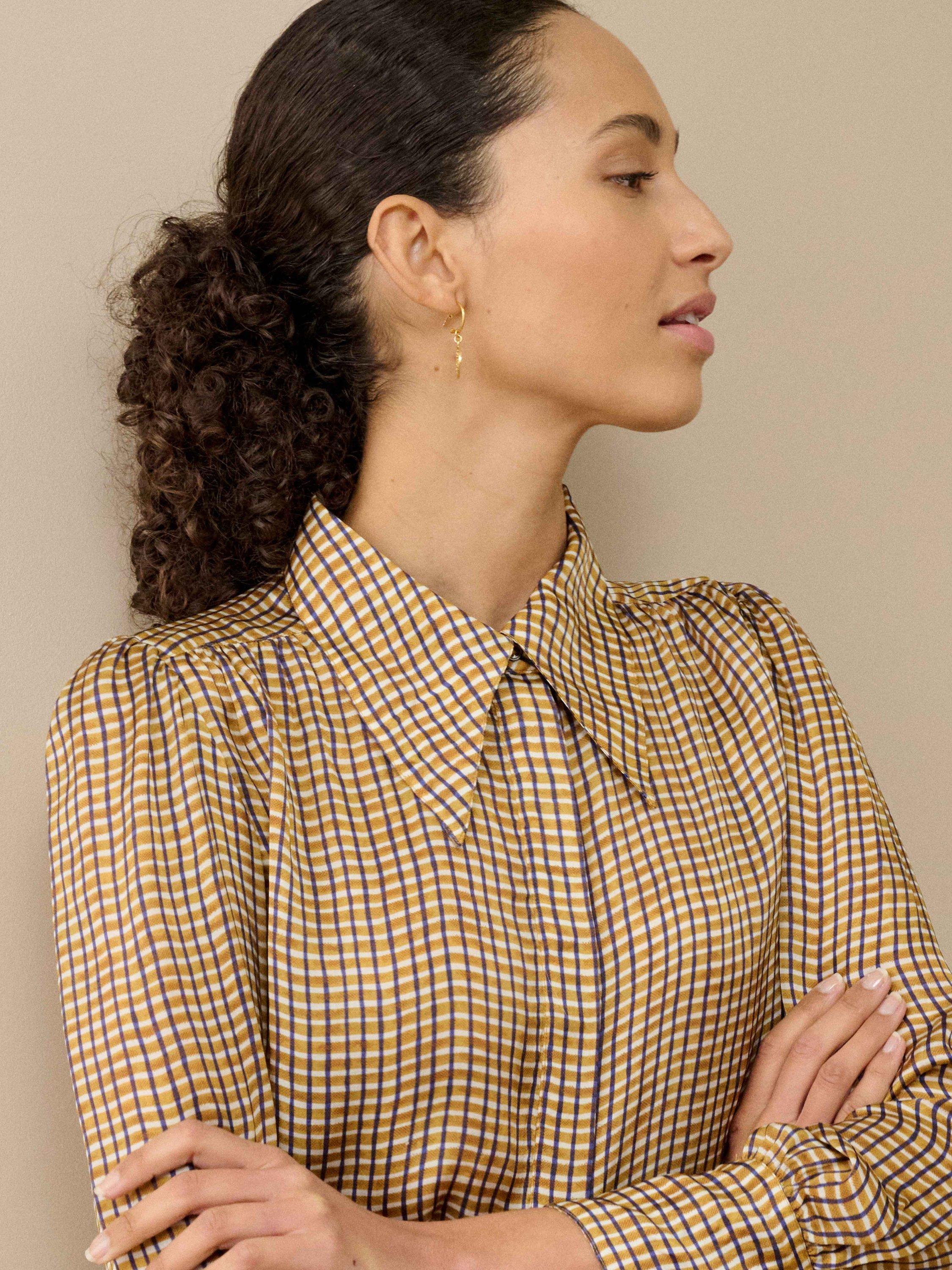 Product image 2 of 4, which shows Brora Cupro Satin Abstract Check Shirt, Ochre, 6