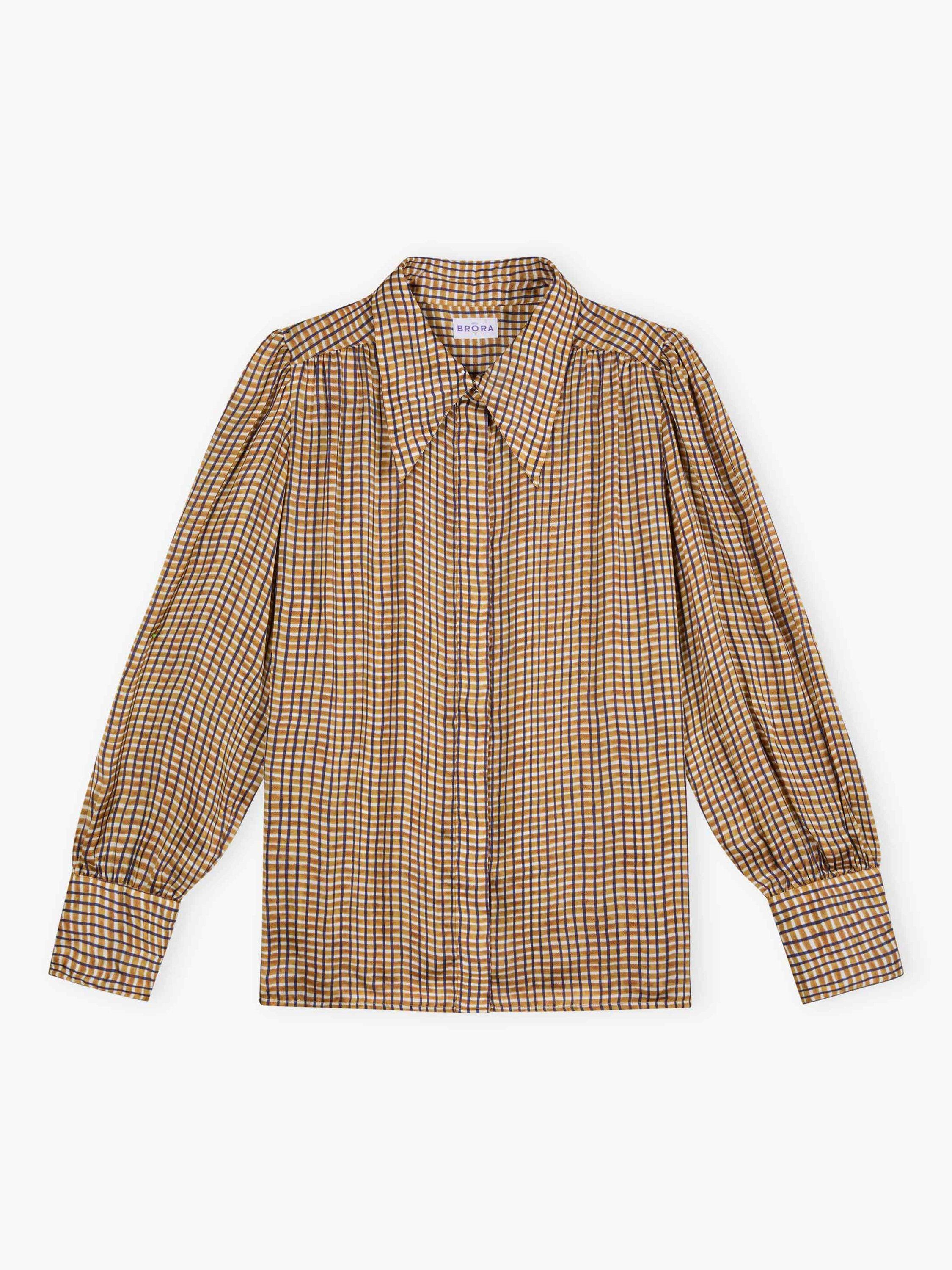 Product image 4 of 4, which shows Brora Cupro Satin Abstract Check Shirt, Ochre, 6