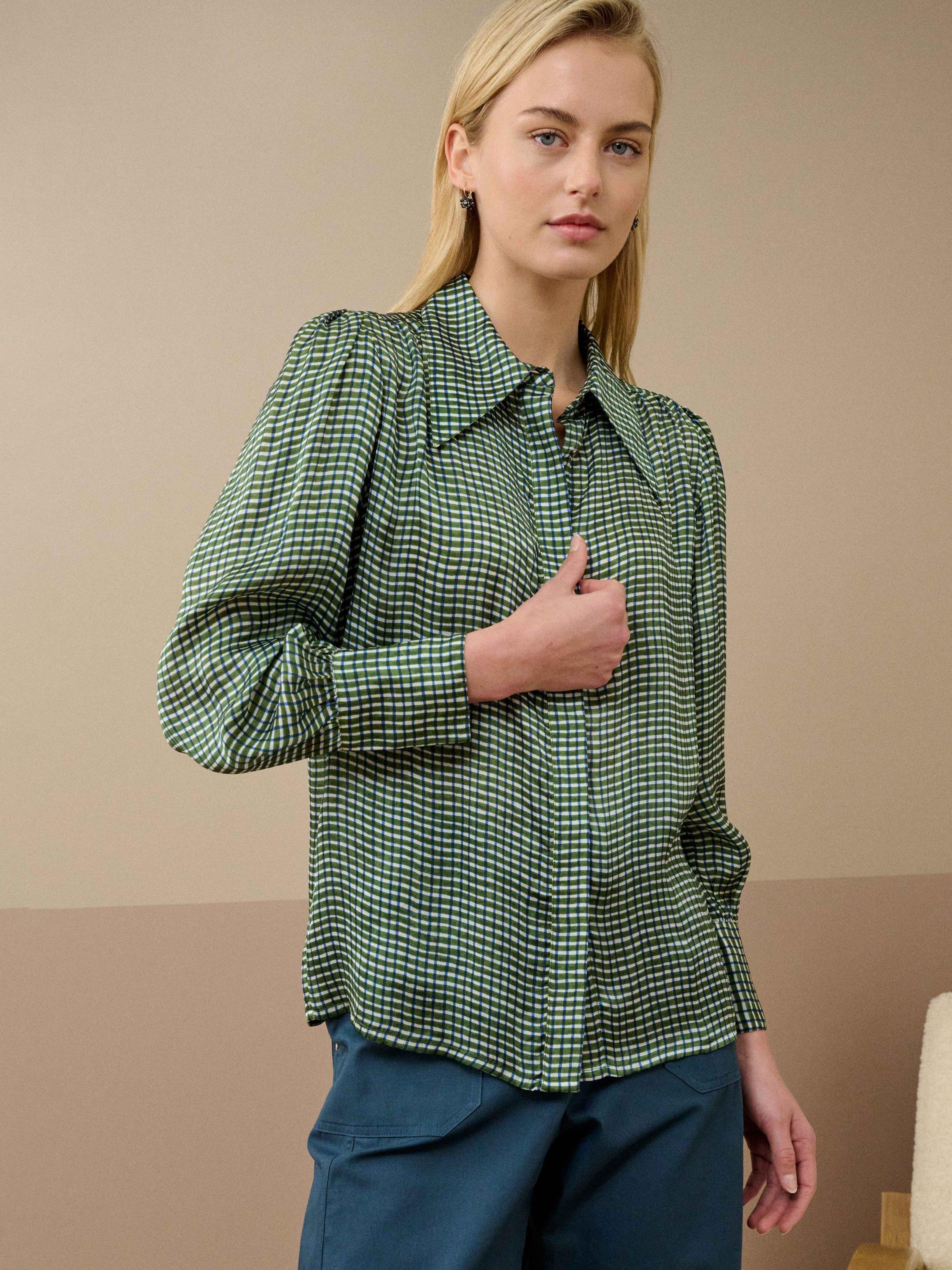 Brora Cupro Satin Abstract Check Shirt, Tarragon