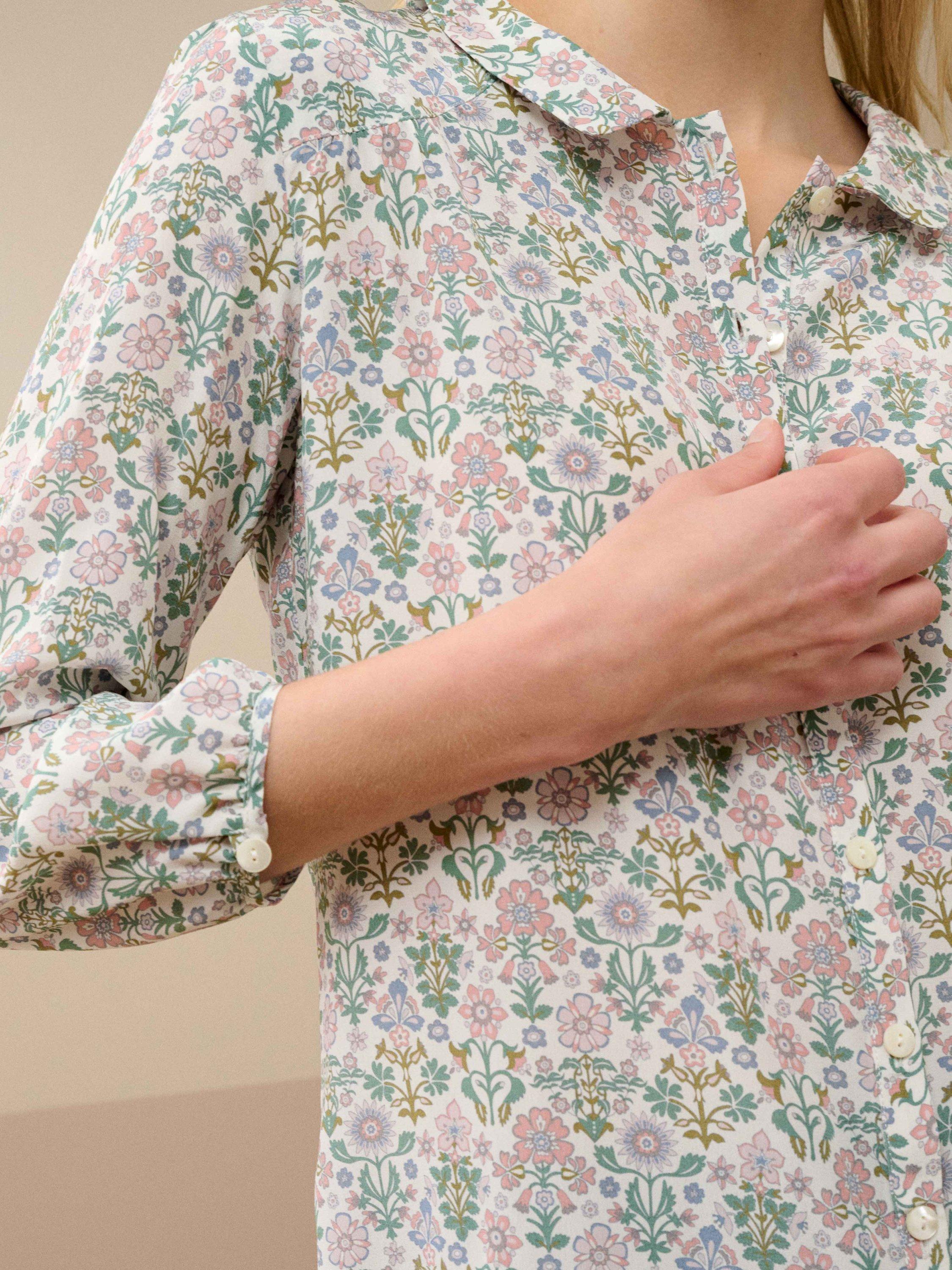 Product image 2 of 11, which shows Brora Silk Floral Liberty Print Peter Pan Collar Top, Multi, 6