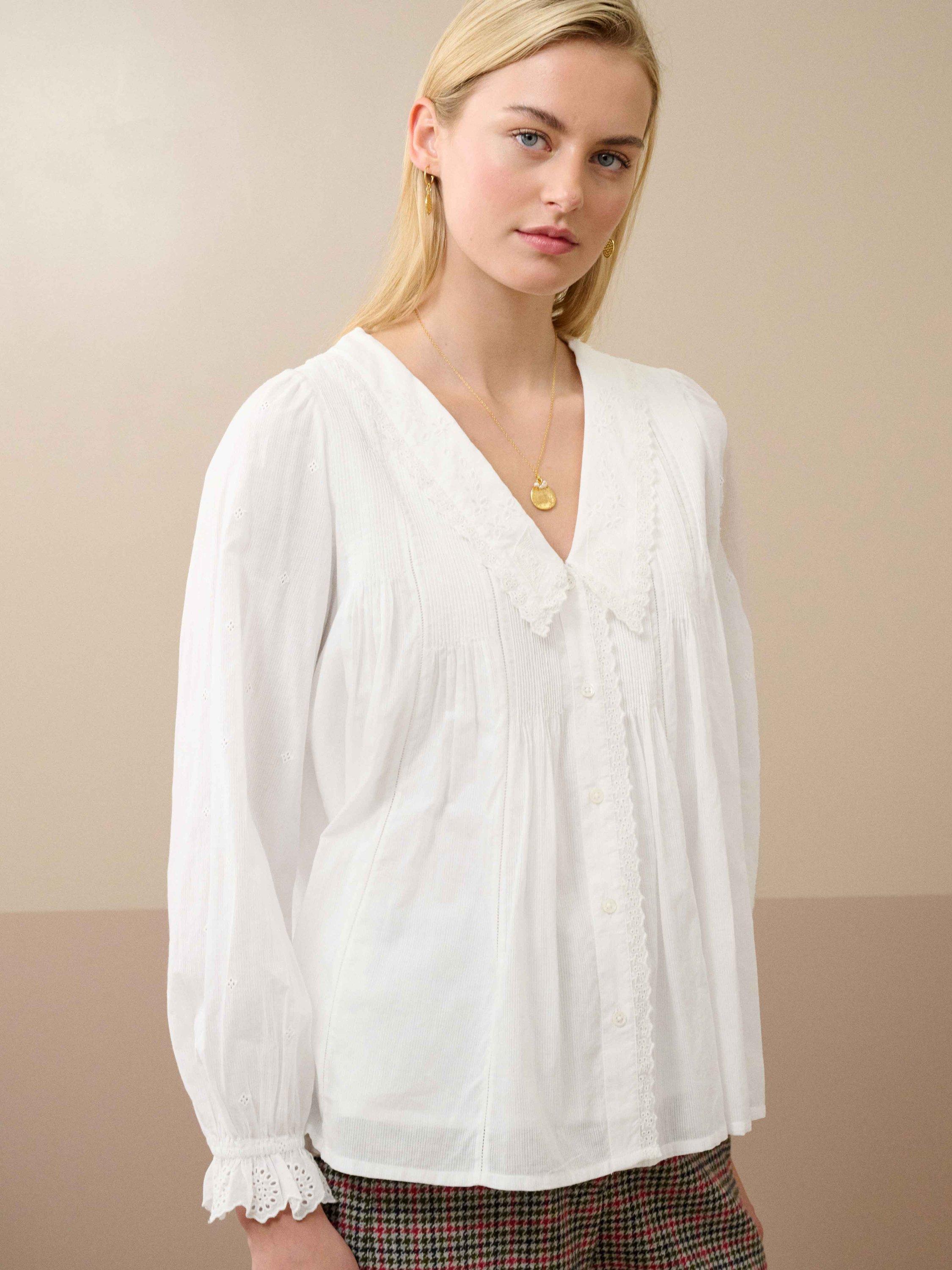 Product image 1 of 5, which shows Brora Cotton Chelsea Collar Long Sleeve Smock Top, White, 6