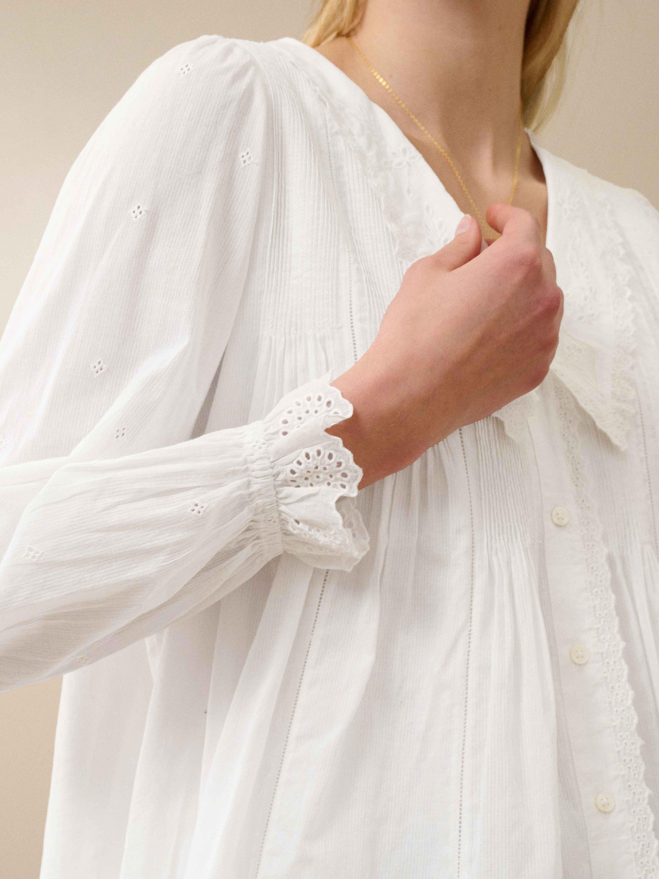 Product image 3 of 5, which shows Brora Cotton Chelsea Collar Long Sleeve Smock Top, White, 6