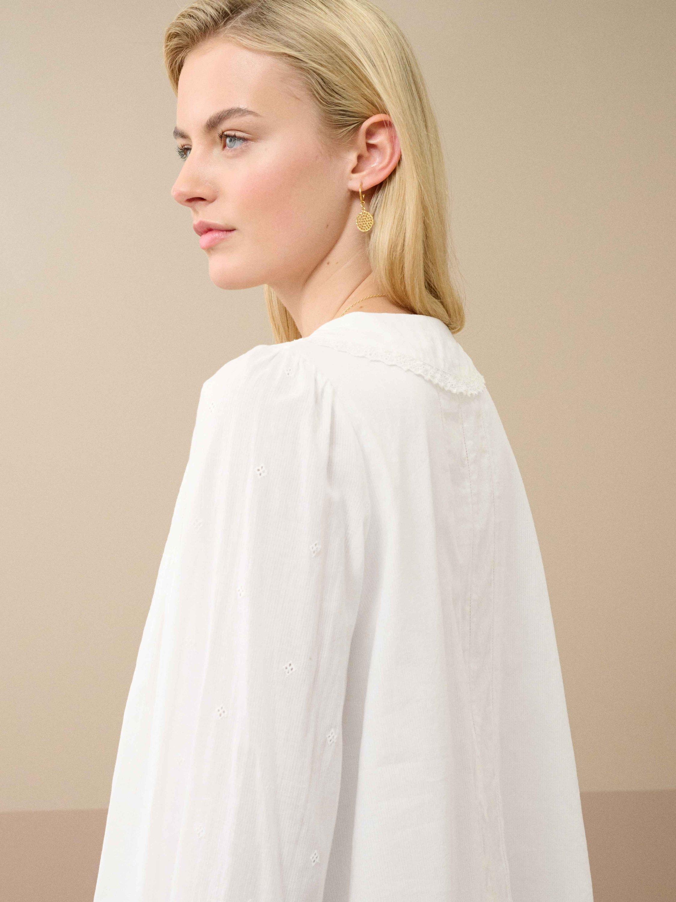 Product image 4 of 5, which shows Brora Cotton Chelsea Collar Long Sleeve Smock Top, White, 6