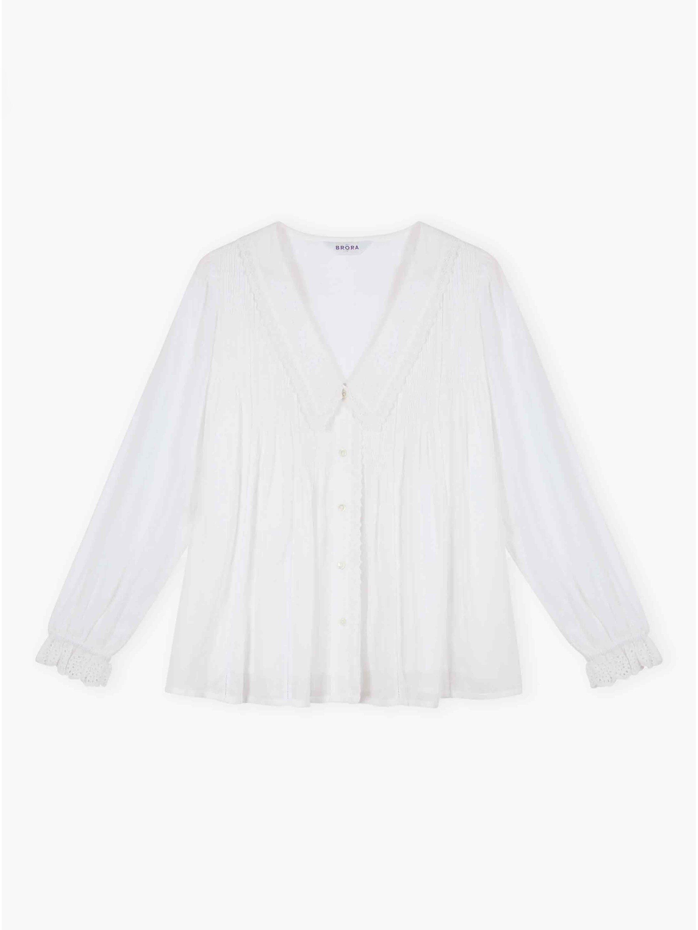 Product image 5 of 5, which shows Brora Cotton Chelsea Collar Long Sleeve Smock Top, White, 6