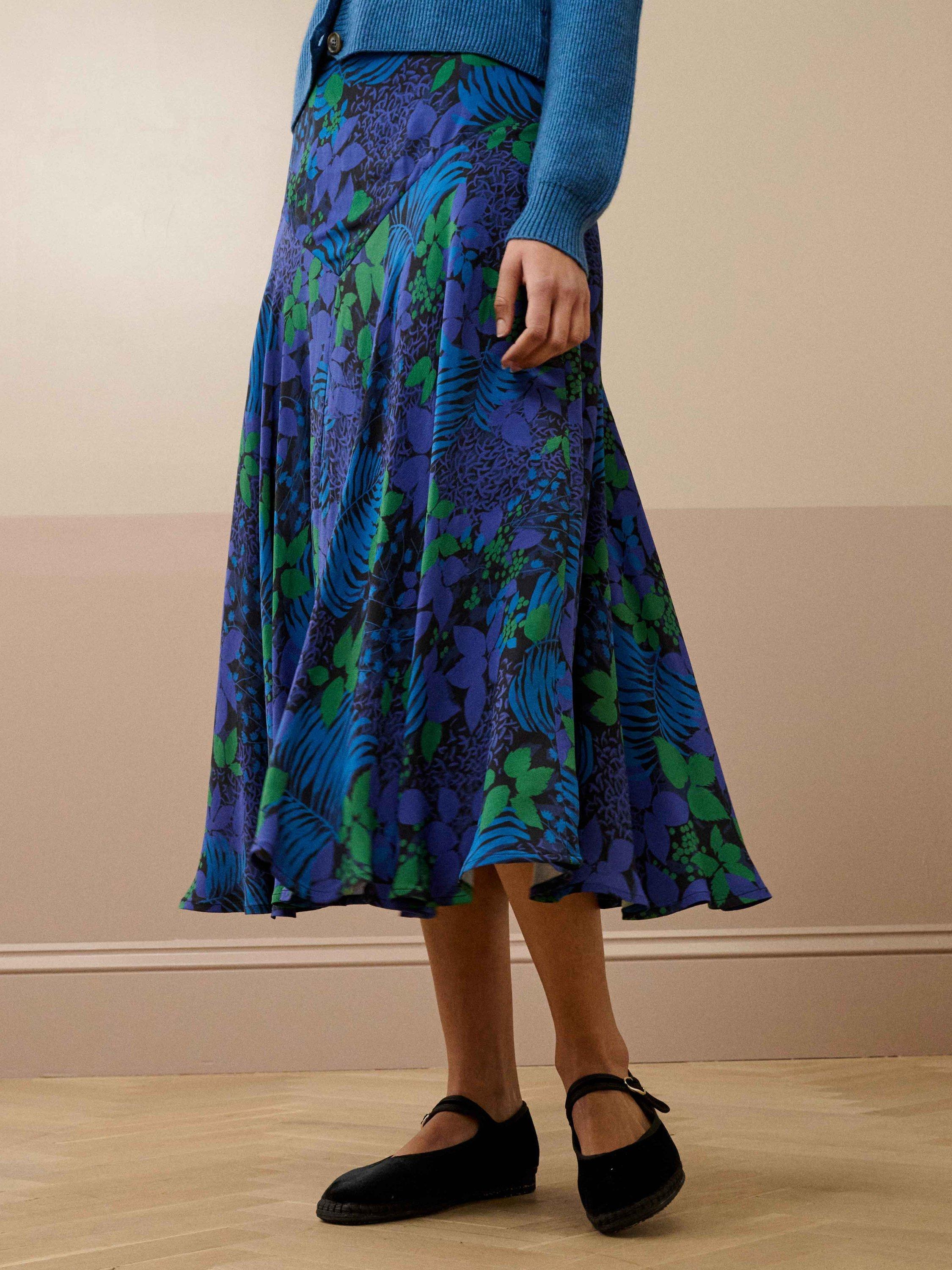 Product image 2 of 5, which shows Brora Leaf Print Crepe Midi Skirt, Jay/Emerald, 8