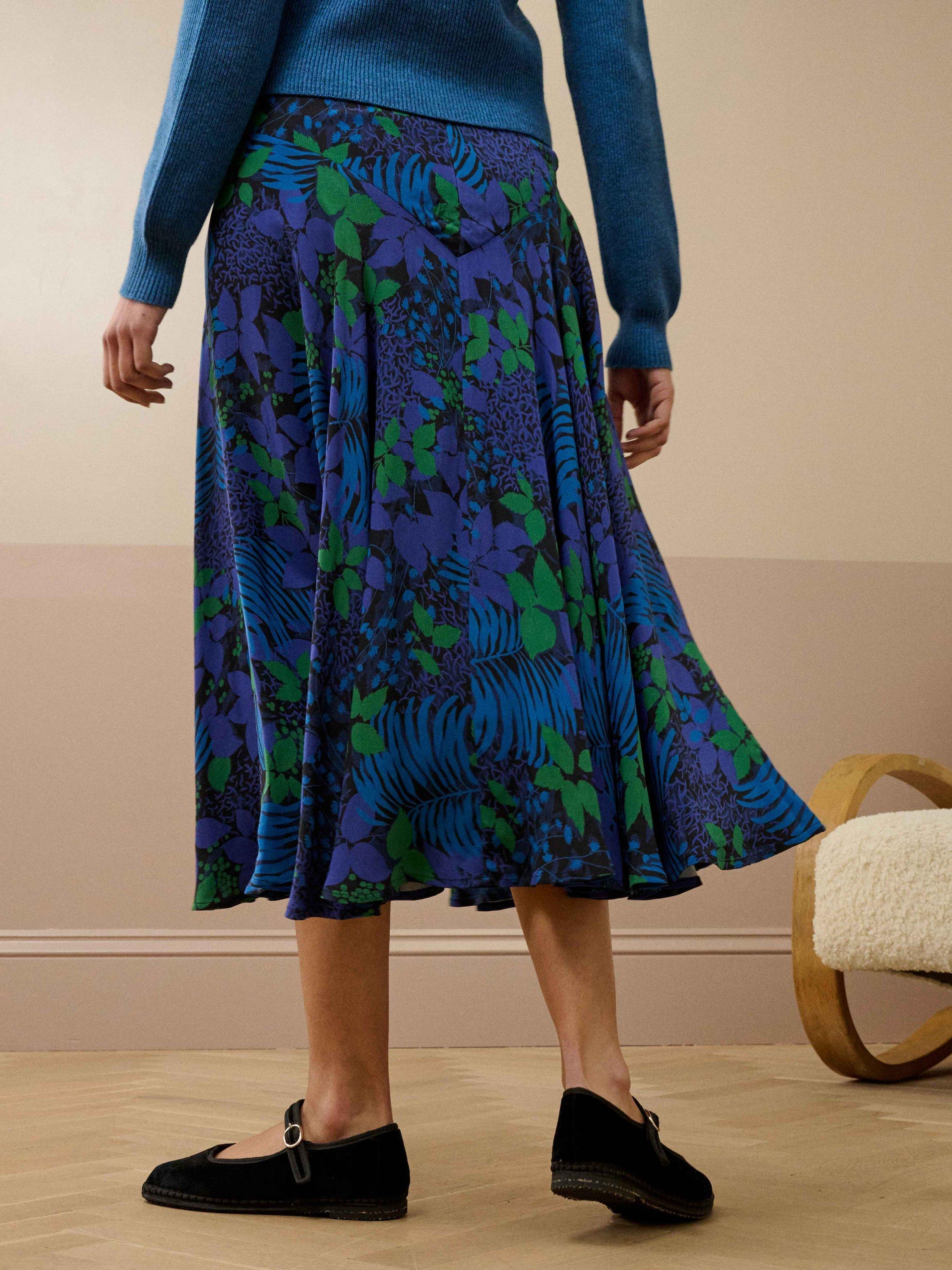 Product image 3 of 5, which shows Brora Leaf Print Crepe Midi Skirt, Jay/Emerald, 8