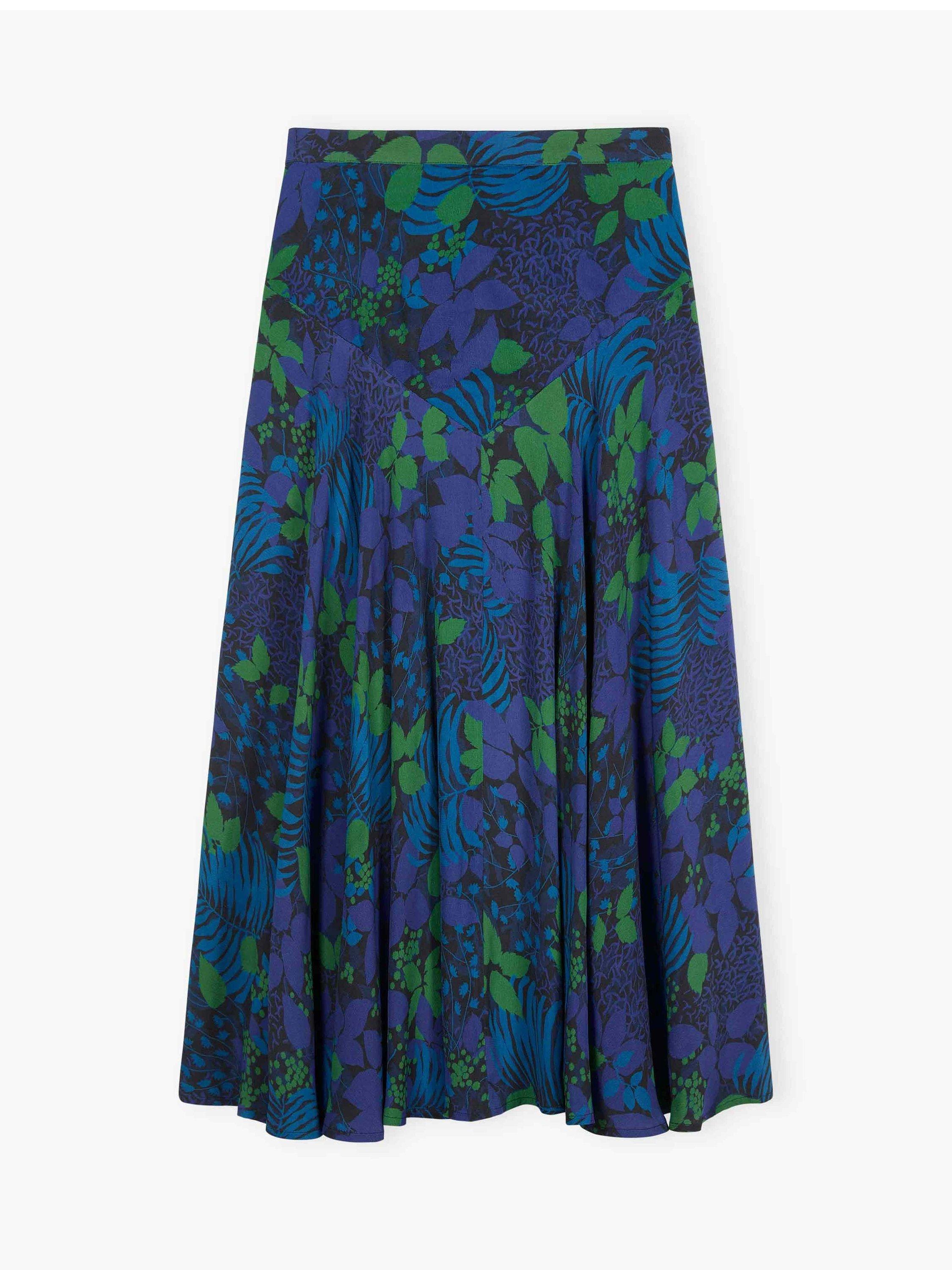 Product image 5 of 5, which shows Brora Leaf Print Crepe Midi Skirt, Jay/Emerald, 8