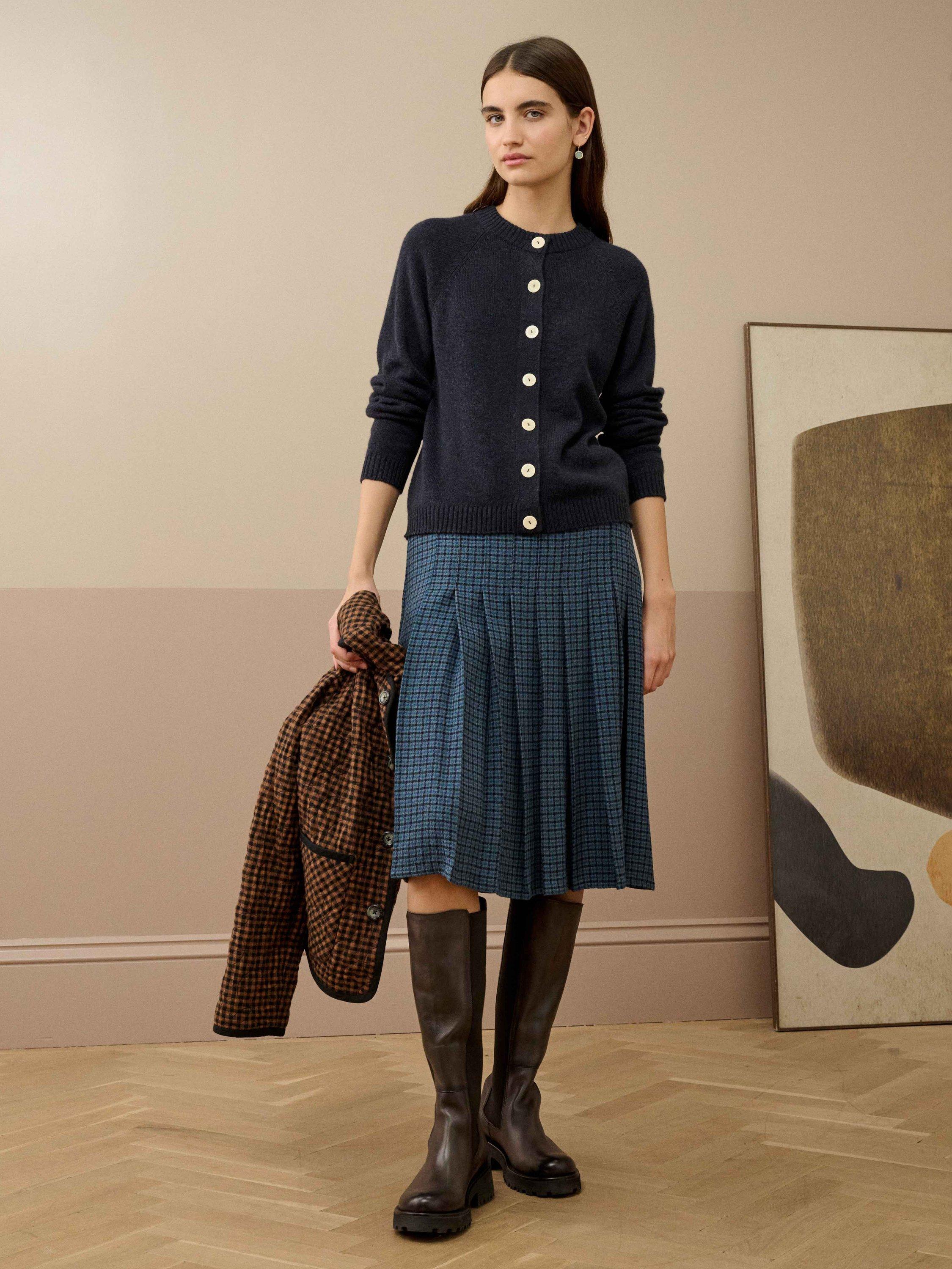 Brora Puppytooth Check Pleated Skirt, Jay/Navy