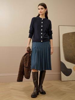 Brora Puppytooth Check Pleated Skirt, Jay/Navy, Jay/Navy