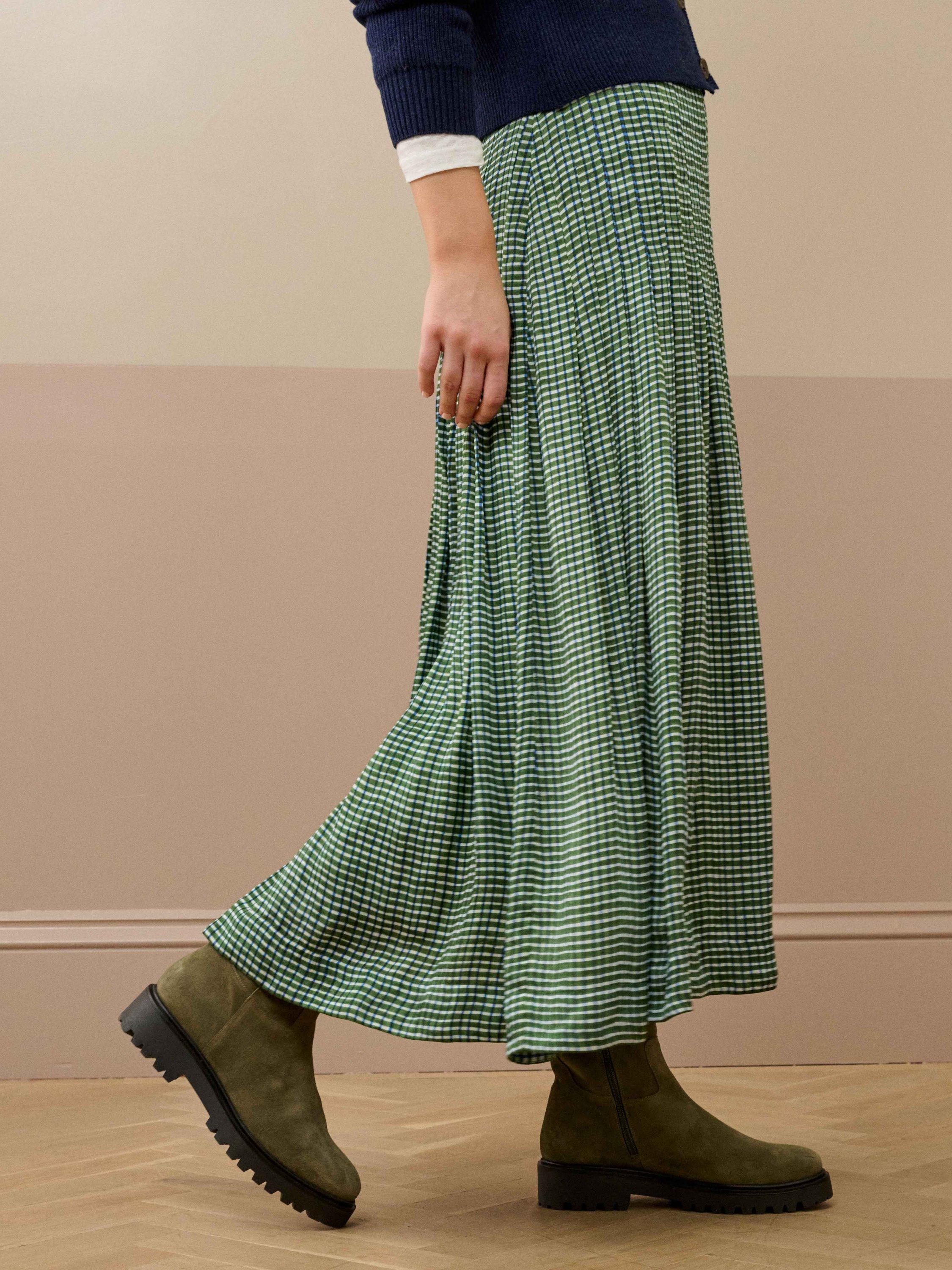 Product image 3 of 5, which shows Brora Graphic Check Pleated Skirt, Tarragon, 8