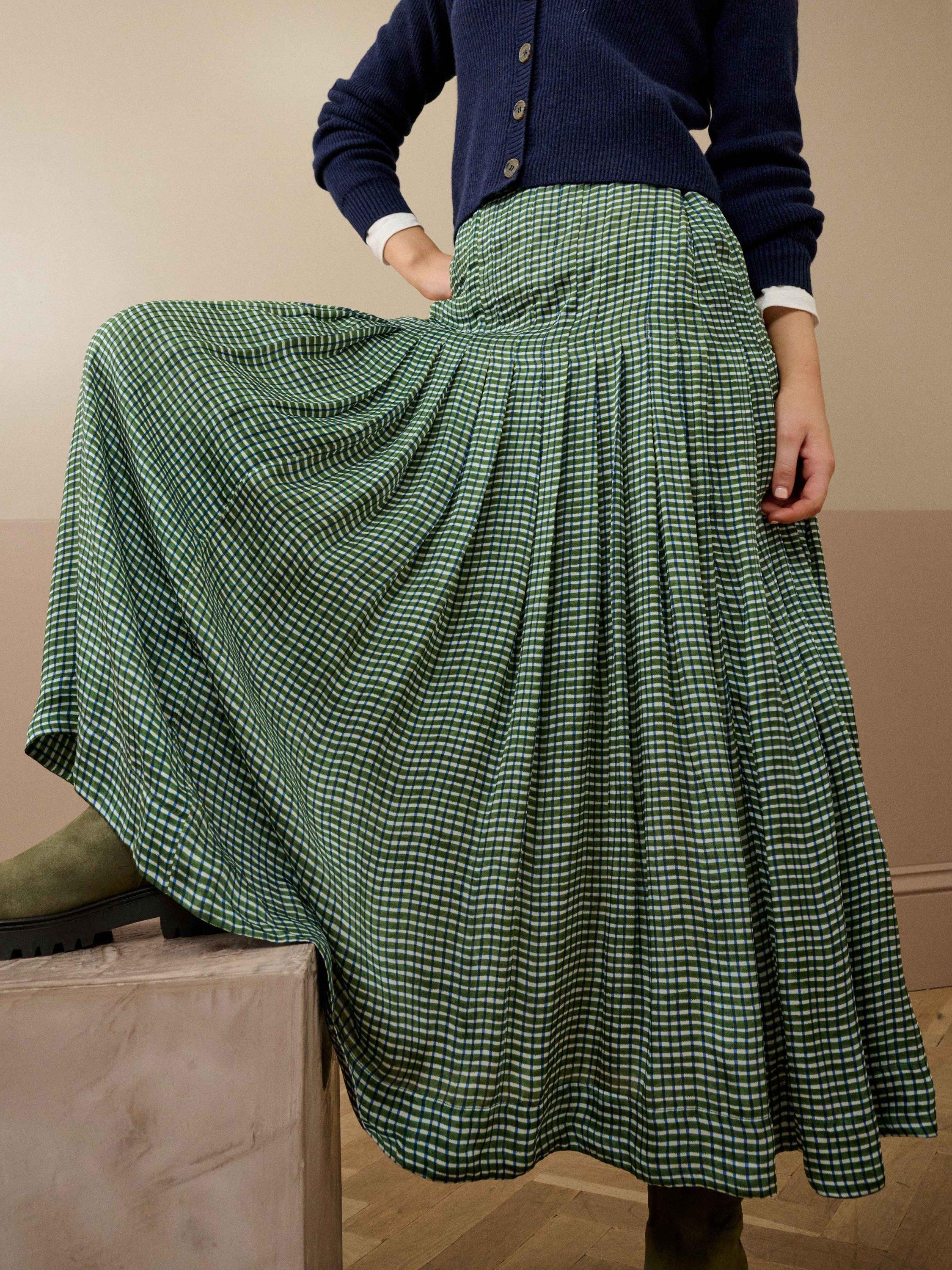 Product image 4 of 5, which shows Brora Graphic Check Pleated Skirt, Tarragon, 8