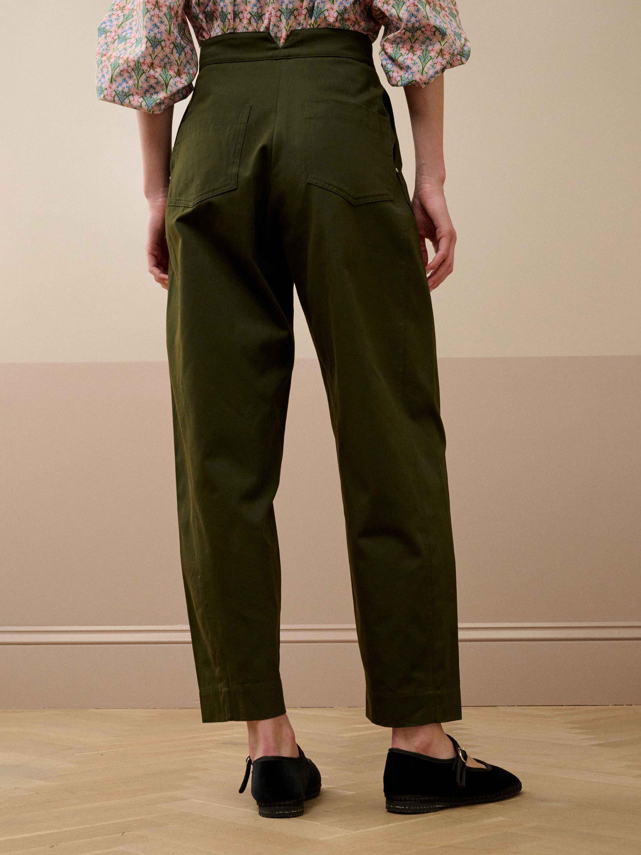 Product image 3 of 5, which shows Brora Cotton Canvas Barrel Leg Trousers, Dark Green, 6