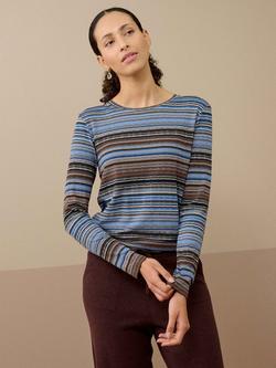 Brora Regular Fit Long Sleeve Fine Stripe Jersey T-Shirt, Dusk/Chocolate