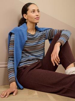 Brora Regular Fit Long Sleeve Fine Stripe Jersey T-Shirt - view 2, Dusk/Chocolate