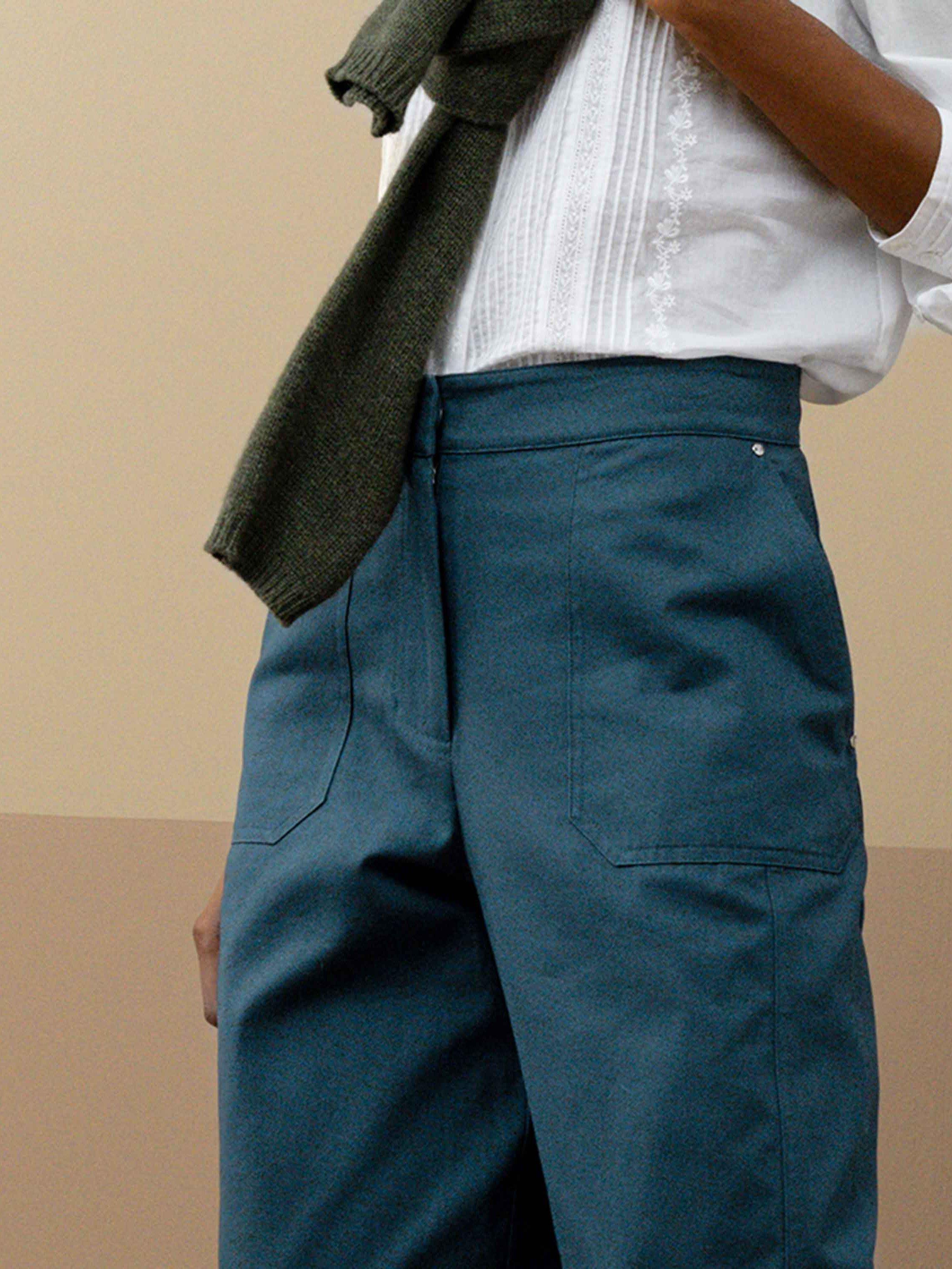 Product image 4 of 5, which shows Brora Cotton Canvas Barrel Leg Trousers, Petrol, 6
