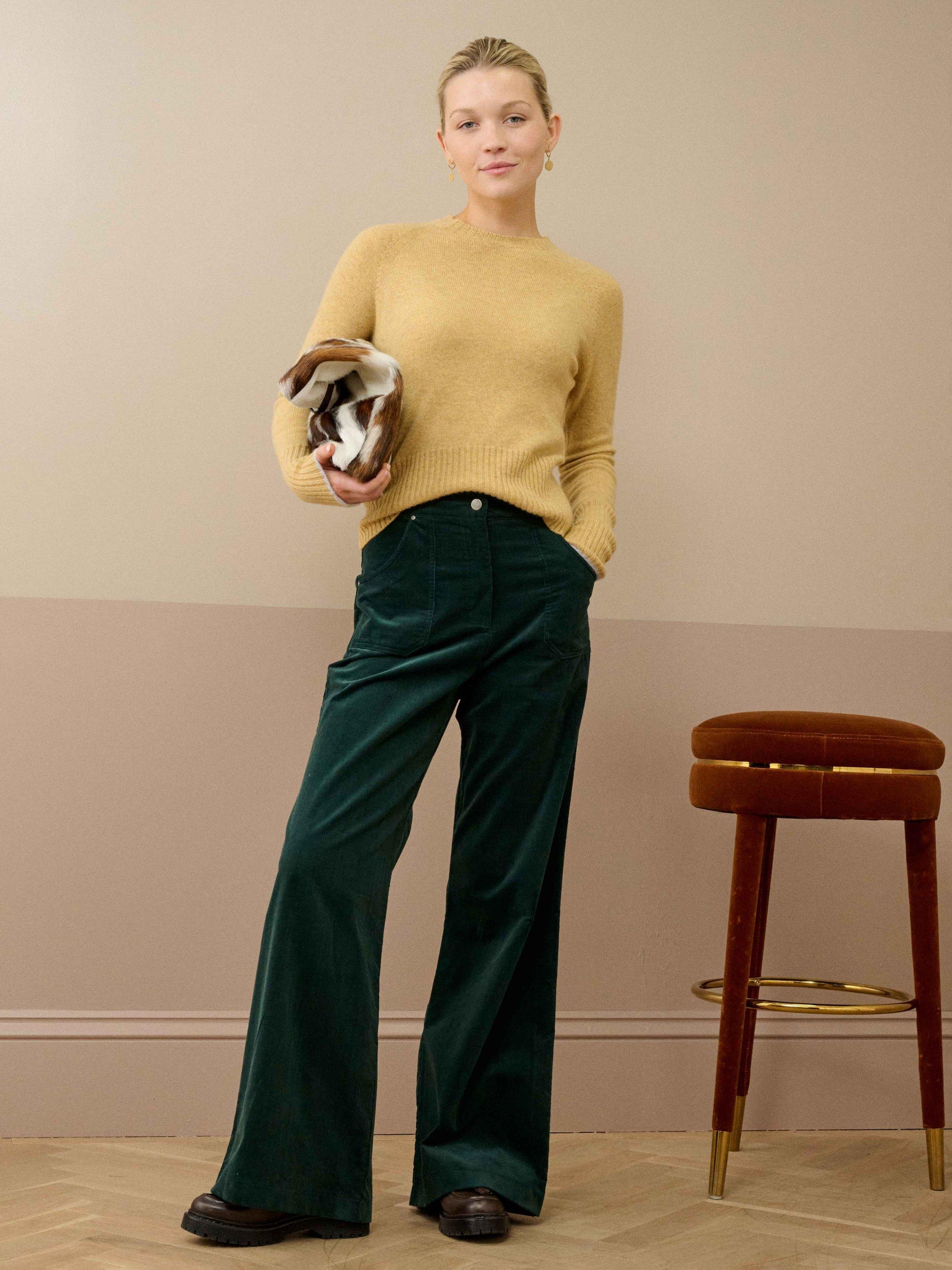 Product image 1 of 5, which shows Brora Needlecord High Waist Trousers, Spruce, 6