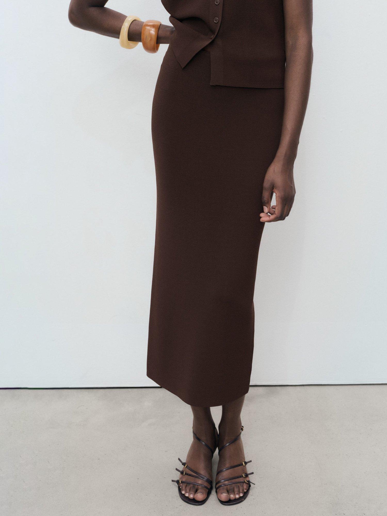 Mango Seseta Knit Midi Skirt, Dark Brown