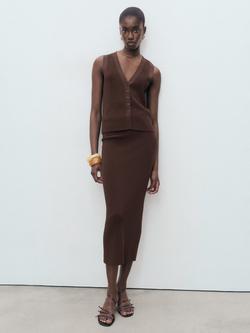 Mango Seseta Knit Midi Skirt, Dark Brown - view 2, Dark Brown