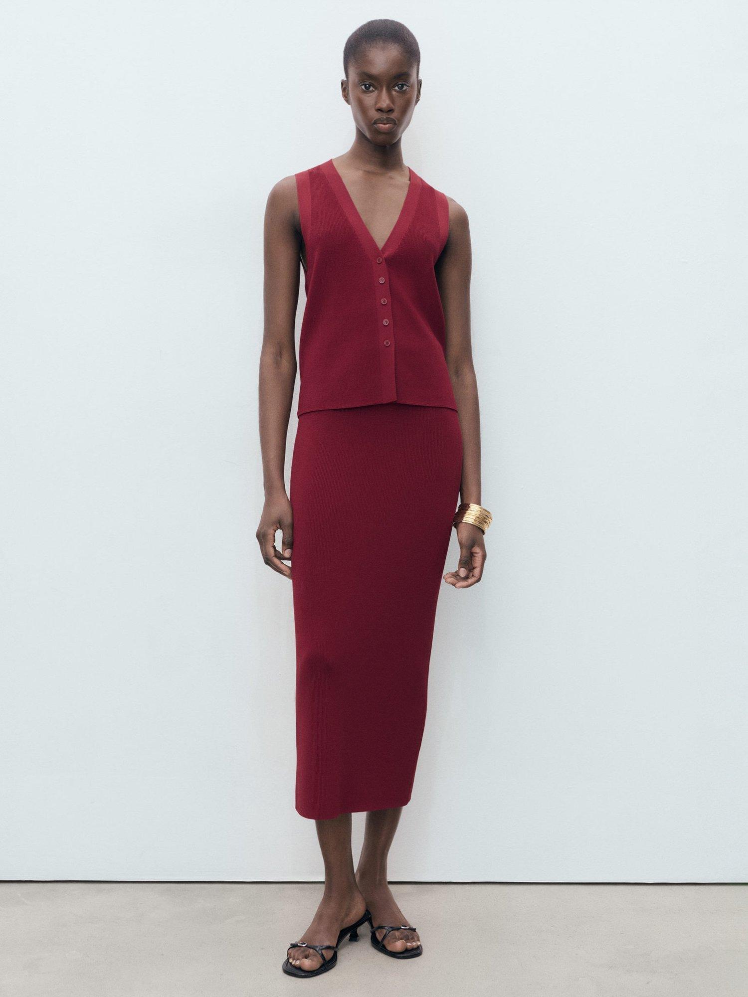 Product image 2 of 7, which shows Mango Seseta Knit Midi Skirt, Dark Red, S