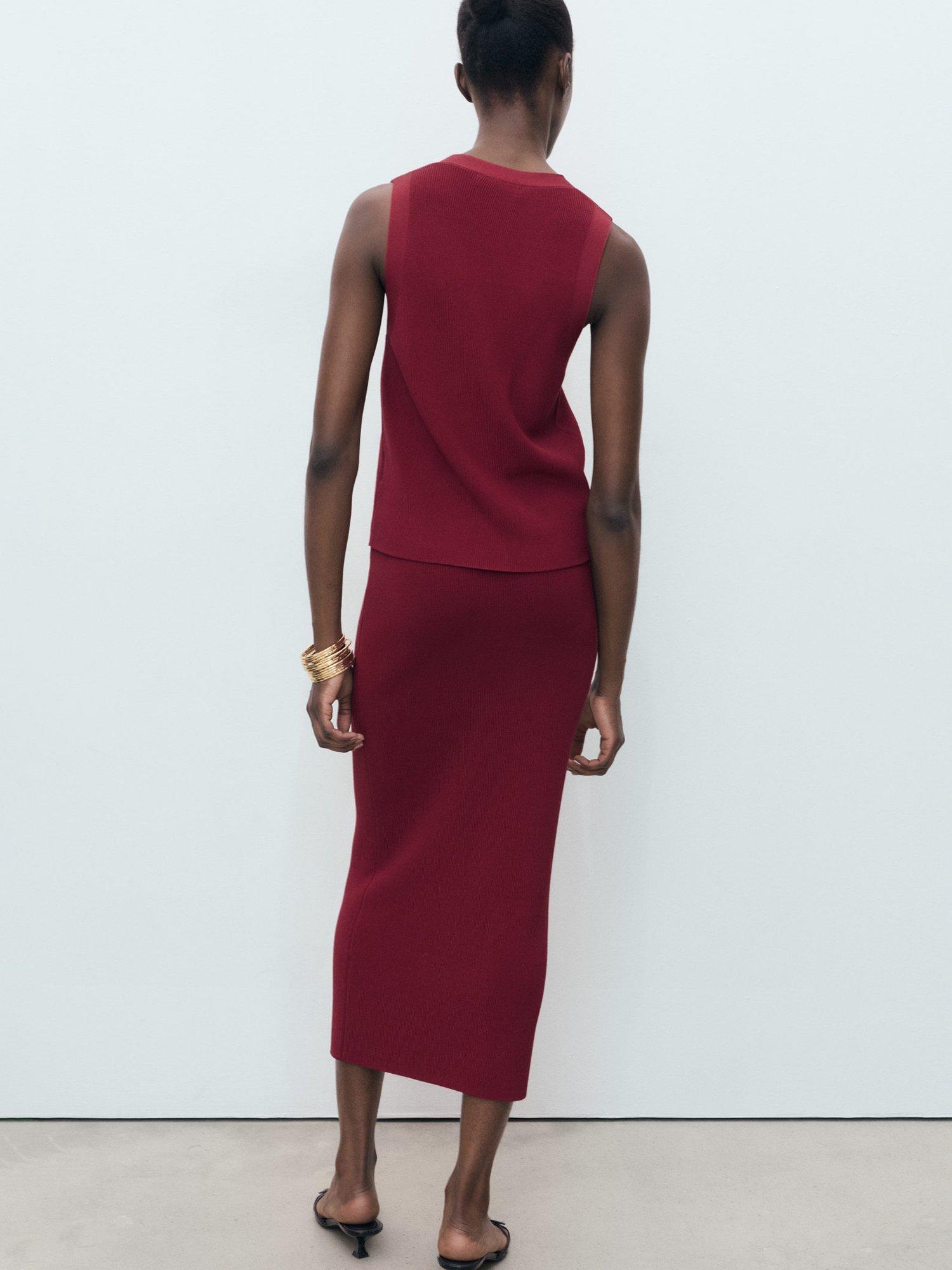 Product image 4 of 7, which shows Mango Seseta Knit Midi Skirt, Dark Red, S