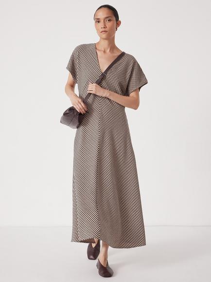 HUSH Grace Check V-Neck Maxi Dress, Brown/Multi, Brown/Multi