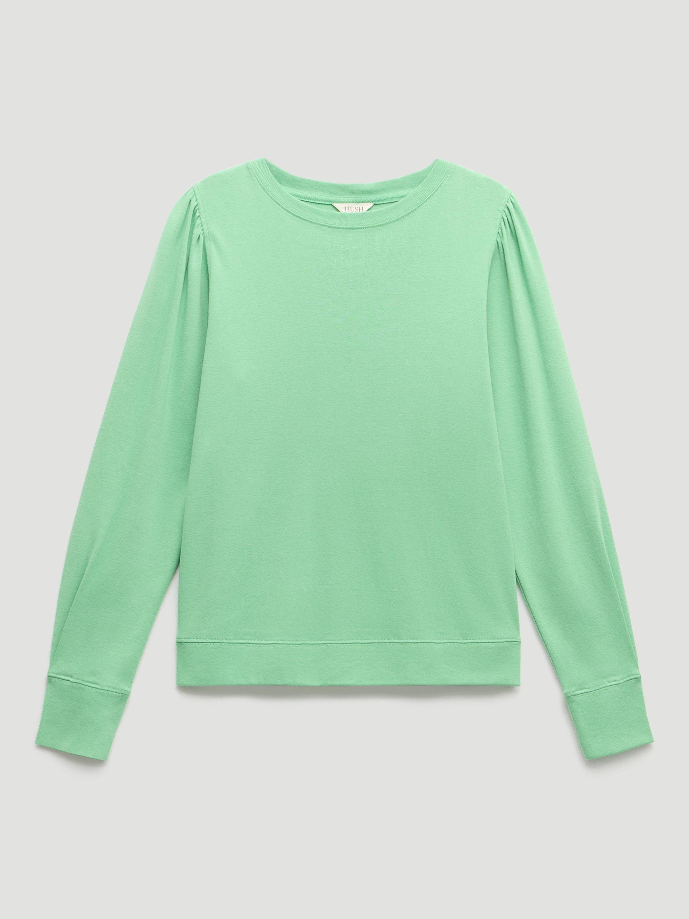 Product image 3 of 5, which shows HUSH Emily Puff Sleeve Cotton Jersey Top, Green Apple, XXS