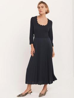 Mint Velvet Scallop Neck Jersey Mix Midi Dress, Navy Blue, Navy Blue