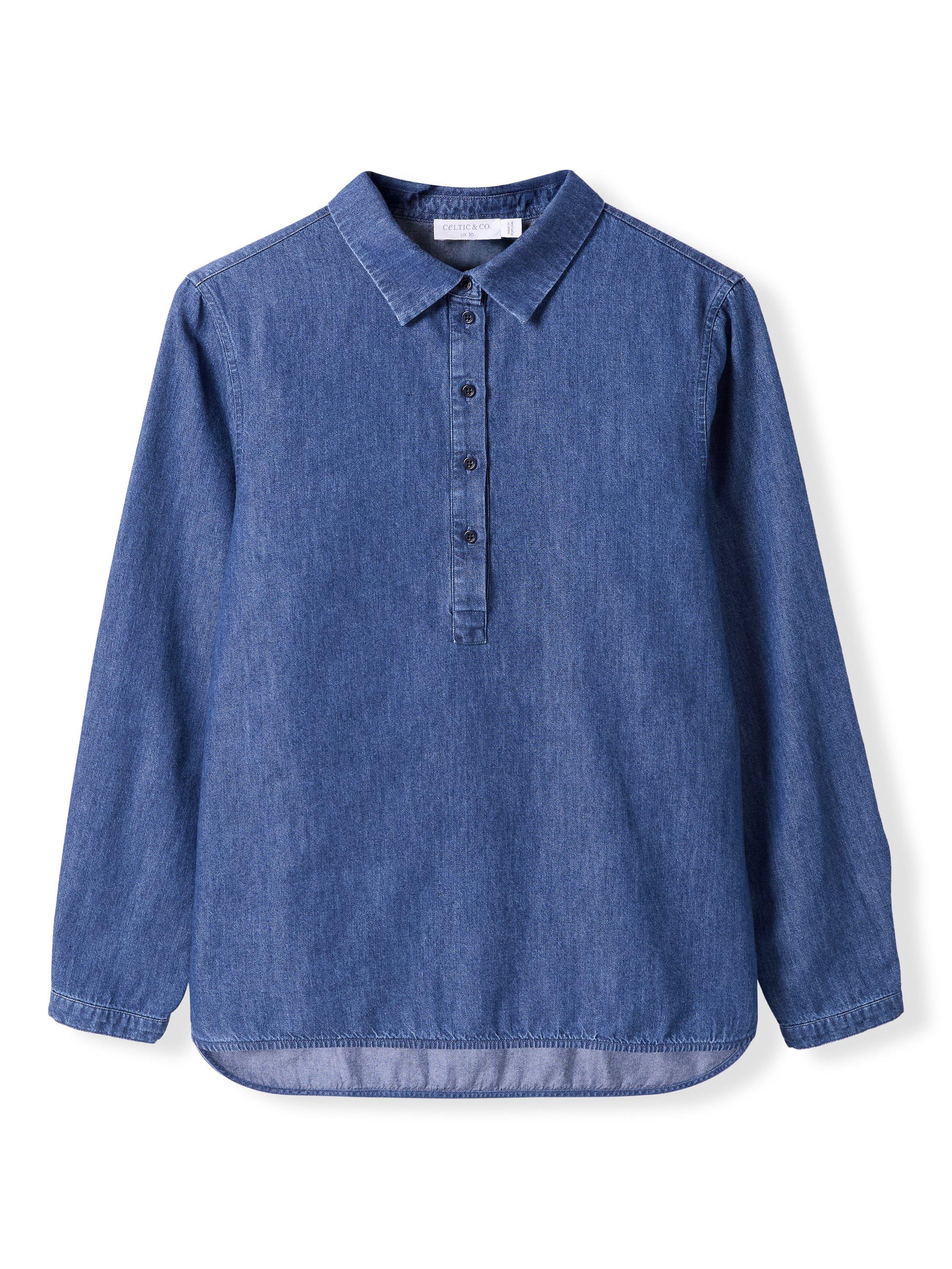 Product image 2 of 8, which shows Celtic & Co. Curved Hem Shirt, Indigo Mid Wash, 8