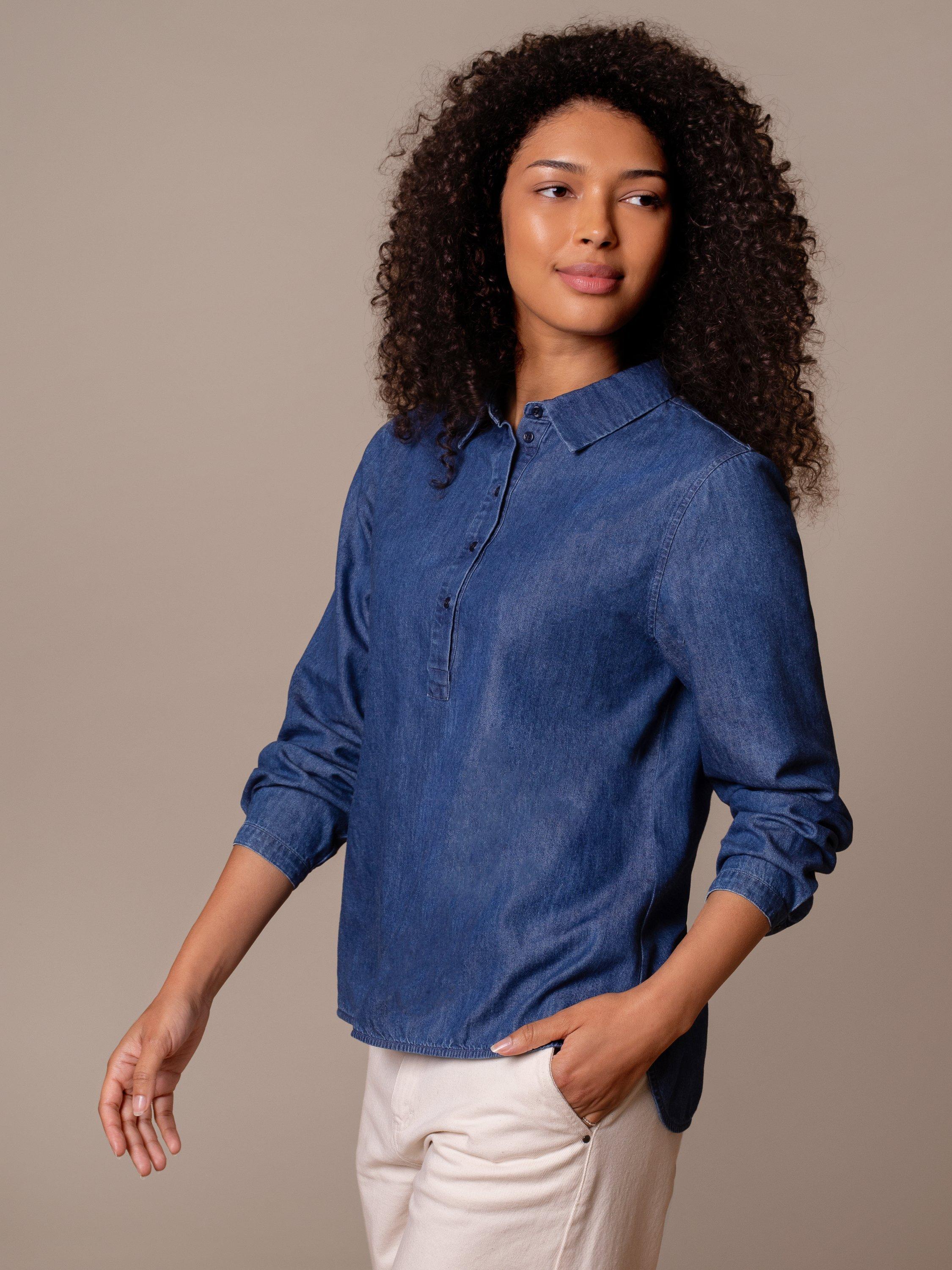Product image 6 of 8, which shows Celtic & Co. Curved Hem Shirt, Indigo Mid Wash, 8