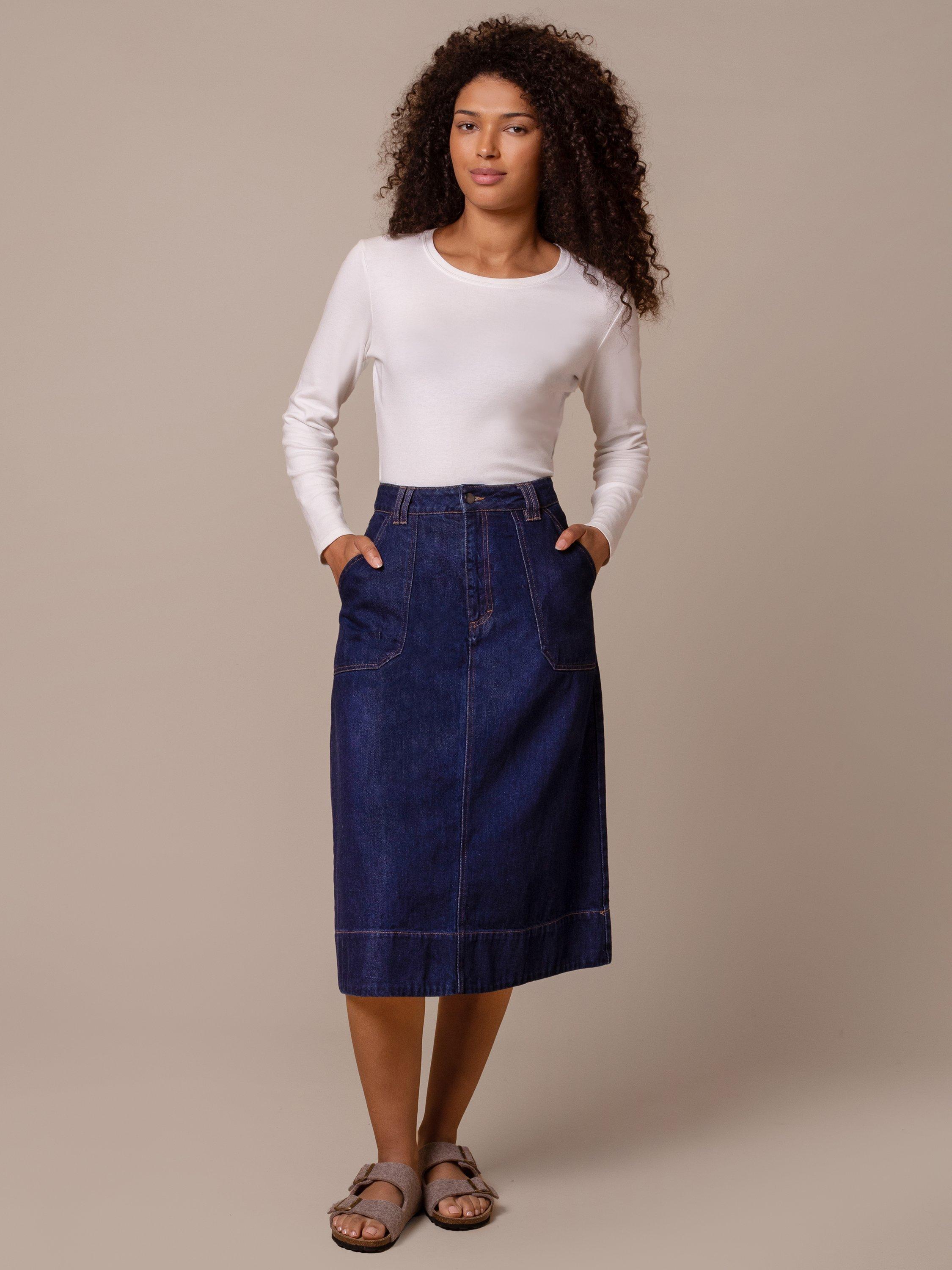 Product image 1 of 7, which shows Celtic & Co. A-Line Denim Midi Skirt, Blue Rinse, 8