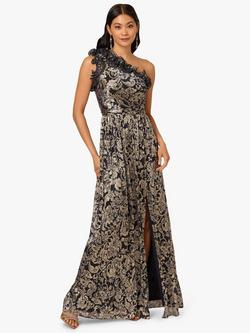 Adrianna Papell Abstract One Shoulder Crinkle Dress, Navy/Gold, Navy/Gold