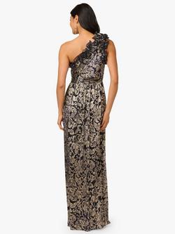 Adrianna Papell Abstract One Shoulder Crinkle Dress, Navy/Gold - view 2, Navy/Gold